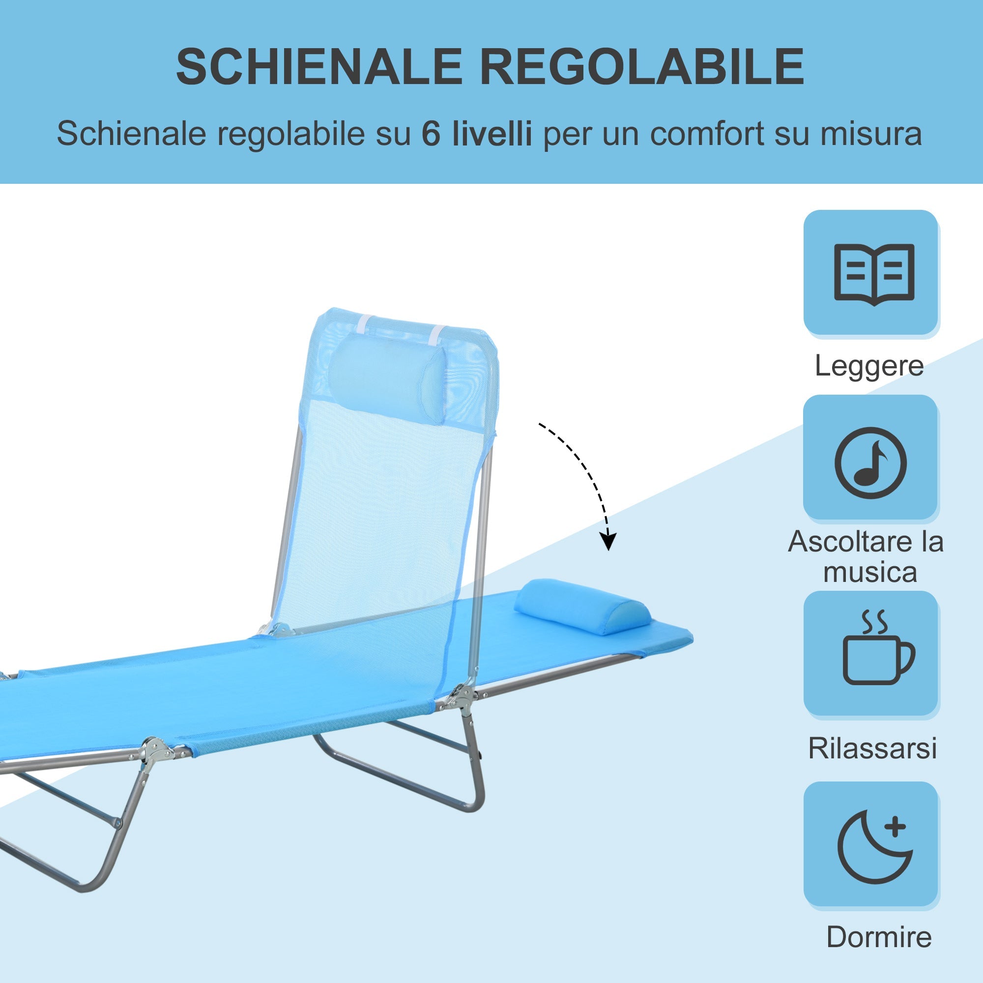 EasyComfort inklapbare ligstoel met verstelbare rugleuning en kussen 182x56x24.5cm