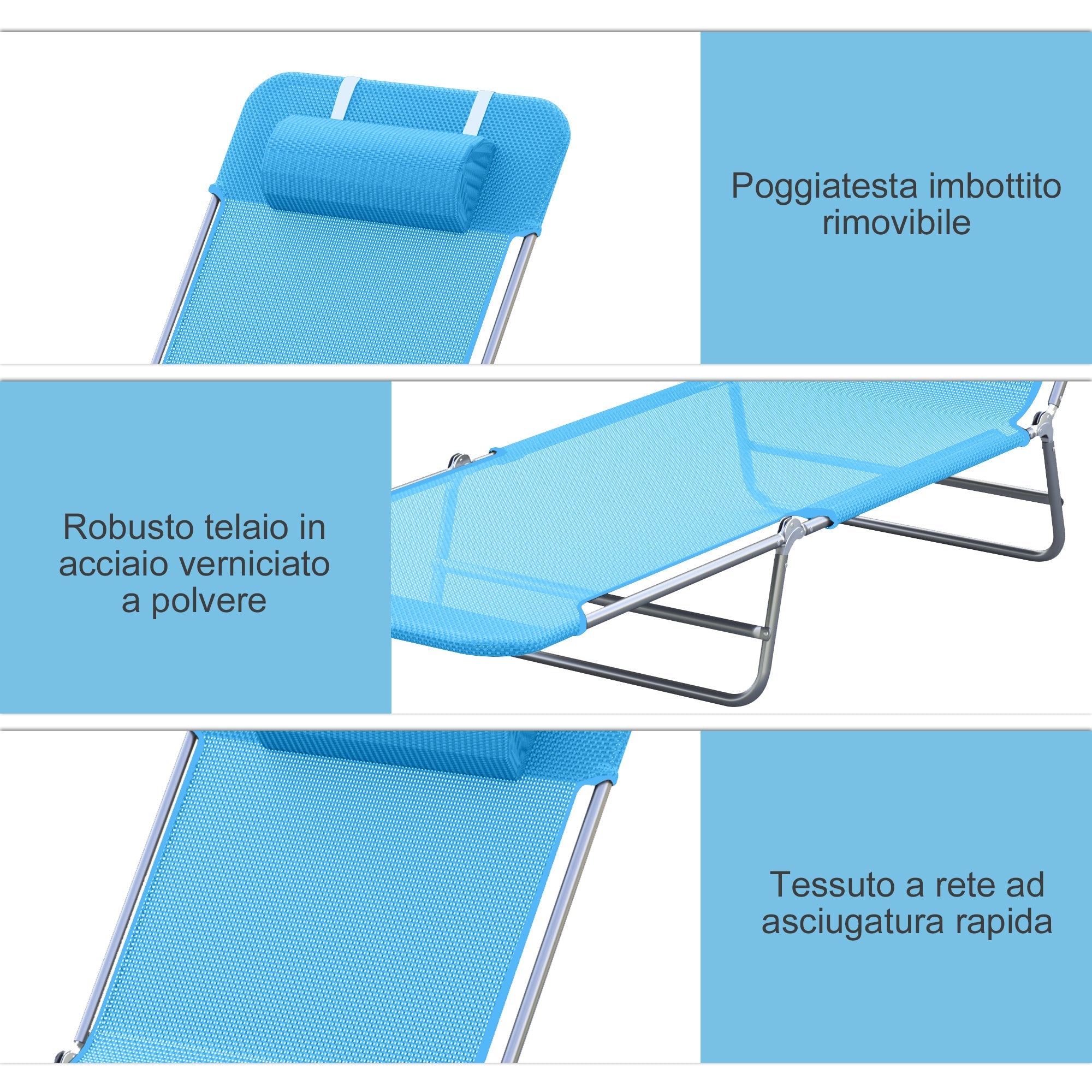 EasyComfort inklapbare ligstoel met verstelbare rugleuning en kussen 182x56x24.5cm