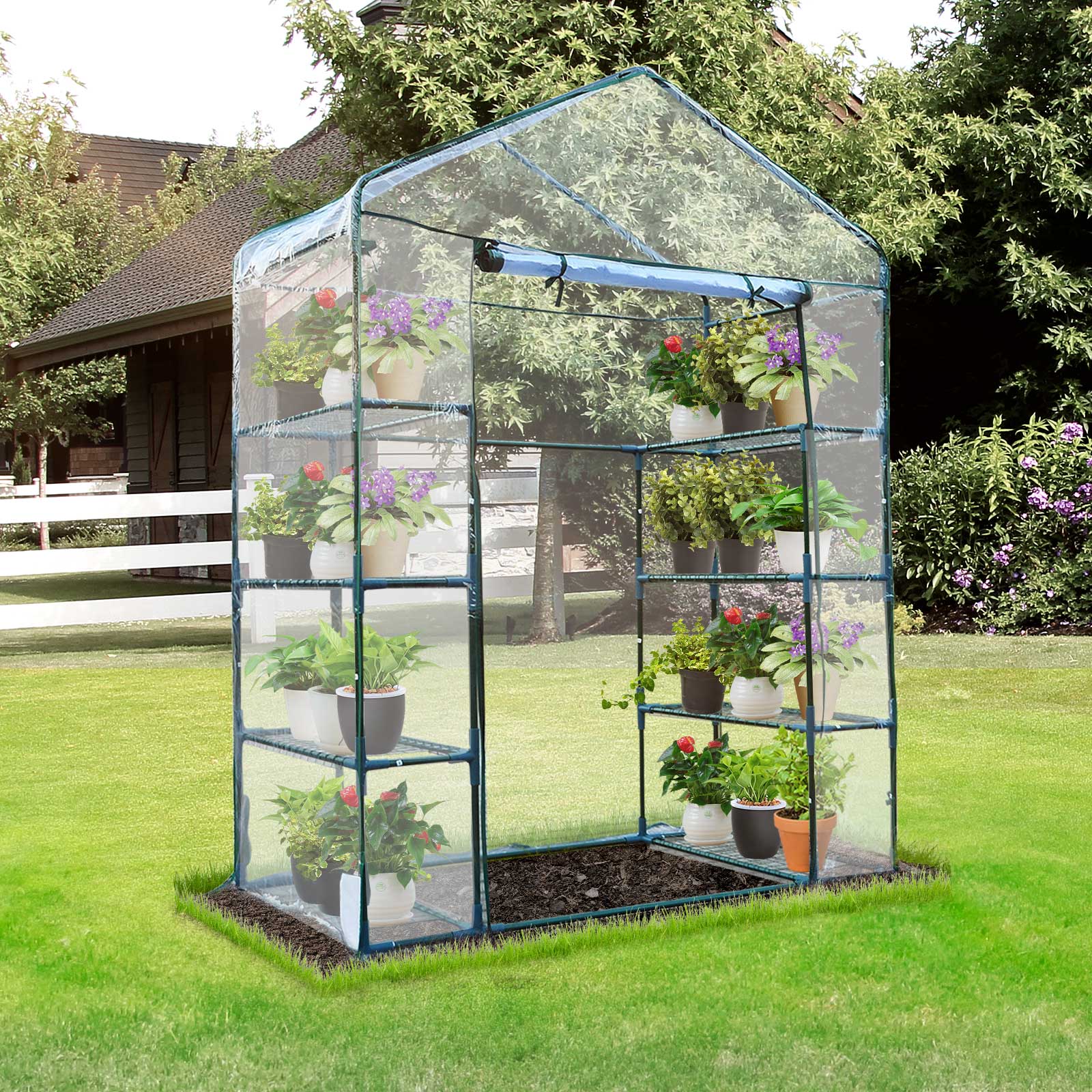 Easycomfort Serra da Giardino in Acciaio e PVC Trasparente with Porta Avvolgibile, 143x73x195 cm, verde