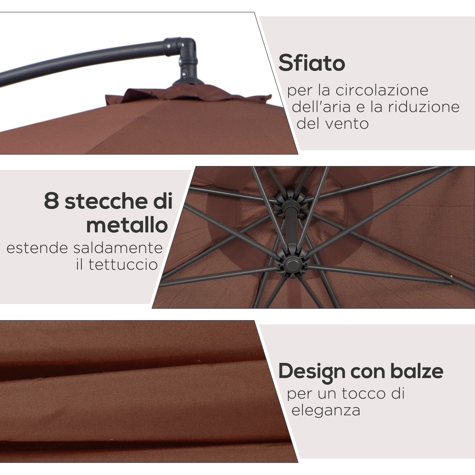EASYCOMFORT Garden Umbrella 3x2.5 m Tilting Arm with Crank, in Steel and Polyester, Brown