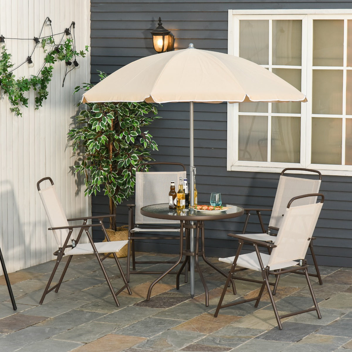 Easycomfort 6 pz Set Mobili da Giardino in Tubi d'Acciaio, Tavolo da Giardino with Sedie e Ombrellone, Crema