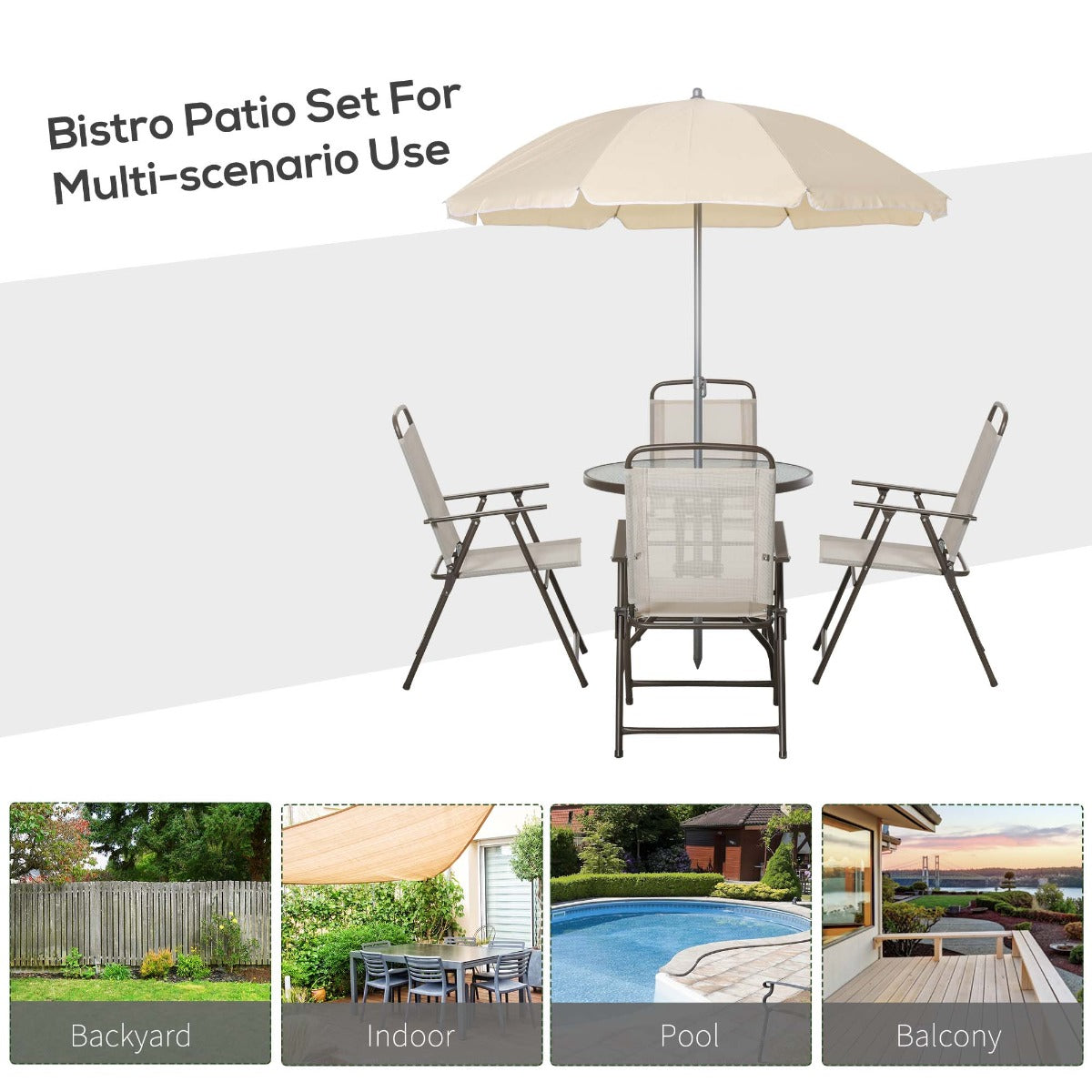 Easycomfort 6 pz Set Mobili da Giardino in Tubi d'Acciaio, Tavolo da Giardino with Sedie e Ombrellone, Crema