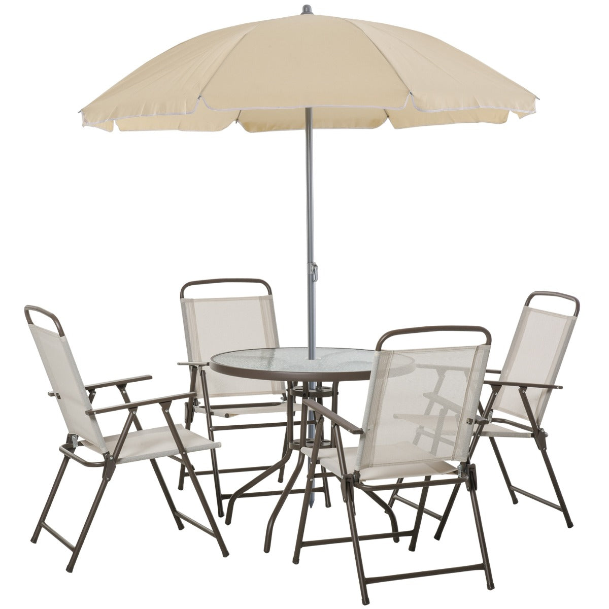 Easycomfort 6 pz Set Mobili da Giardino in Tubi d'Acciaio, Tavolo da Giardino with Sedie e Ombrellone, Crema