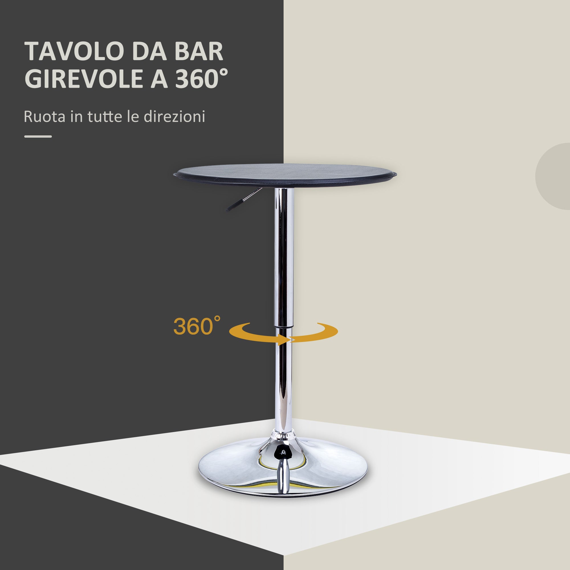 EasyComfort Tavolino da Bar Cromato, Tavolo Rotondo Regolabile in Altezza with Sistema Lift Up, Piano Rotondo Girevole 360° Φ63x67-93cm
