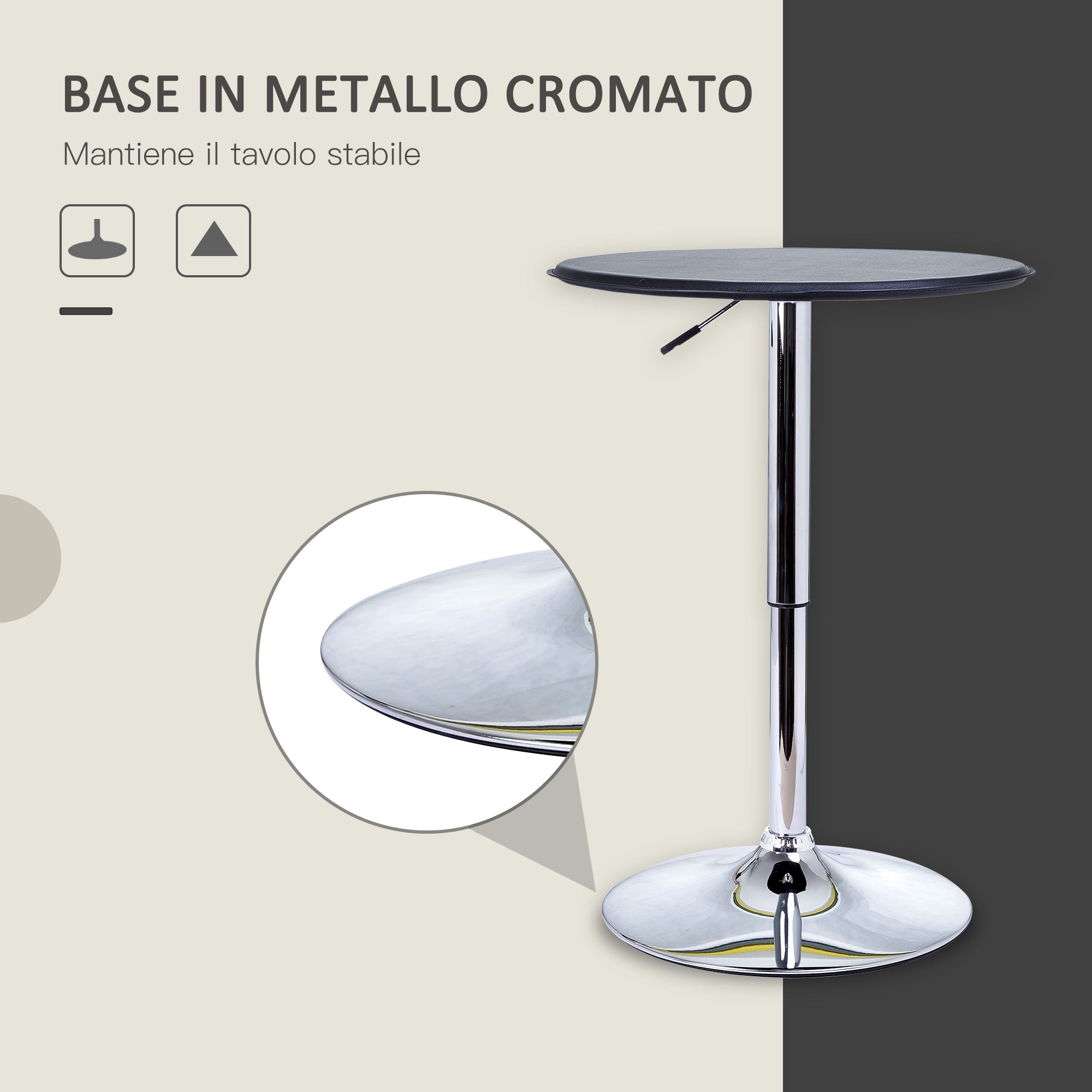 EasyComfort Tavolino da Bar Cromato, Tavolo Rotondo Regolabile in Altezza with Sistema Lift Up, Piano Rotondo Girevole 360° Φ63x67-93cm