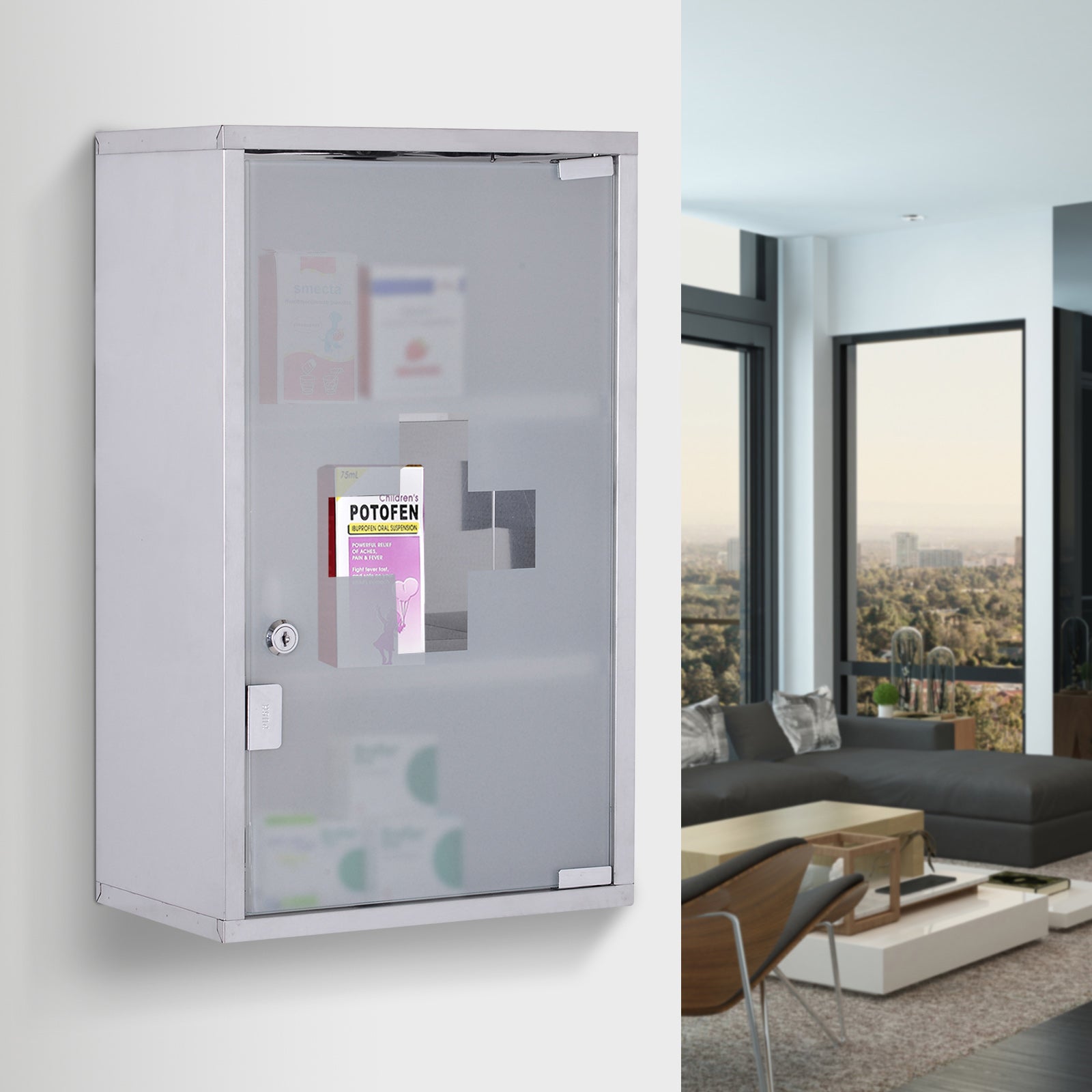 Easycomfort Armadietto medicinali 50x30x18cm Cassetta mobile bagno primo soccorso in acciaio inox with serratura