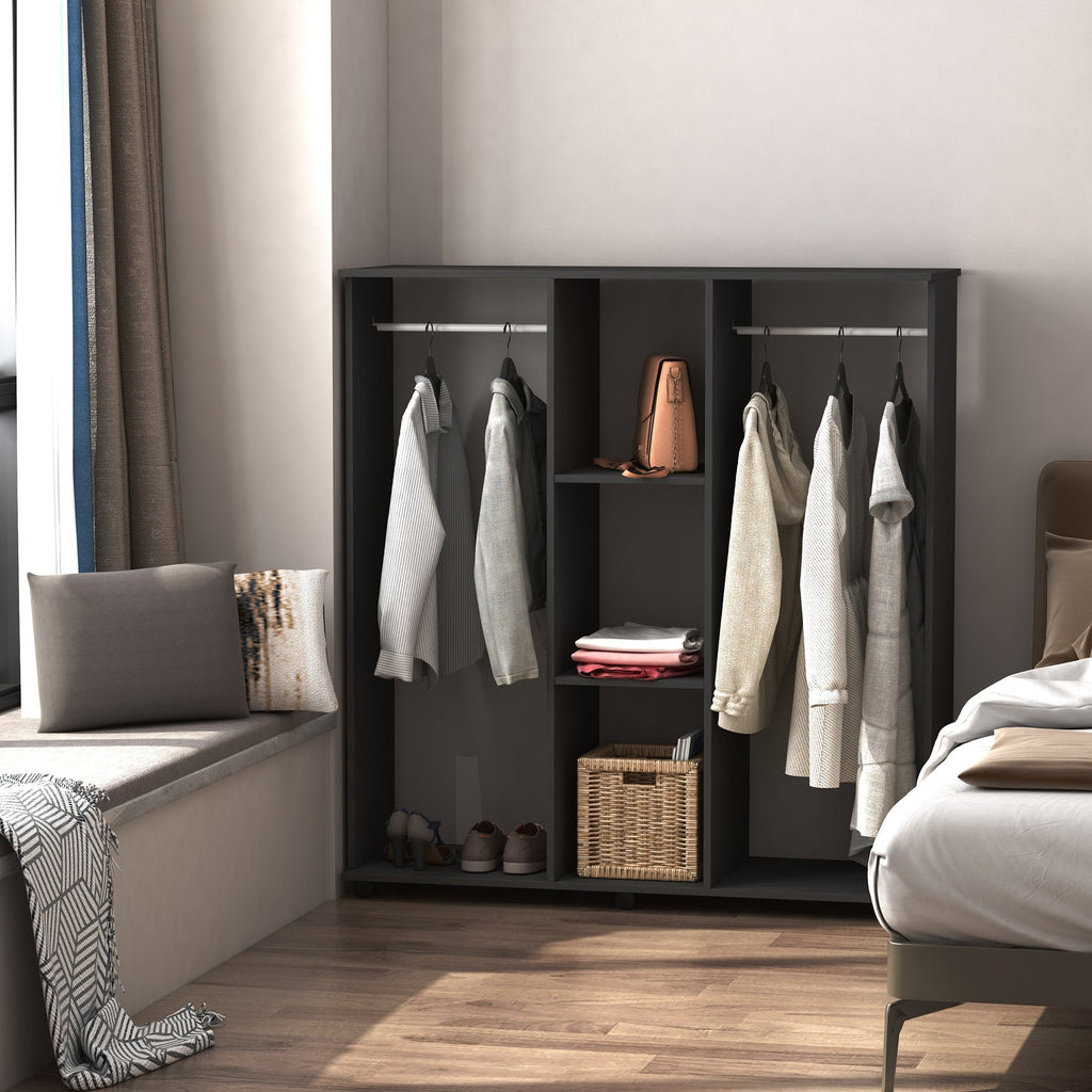 Easycomfort Armadio with 2 Guardaroba, 5 Ripiani e 6 Ruote, in Legno e Alluminio, 120x40x128 cm, black