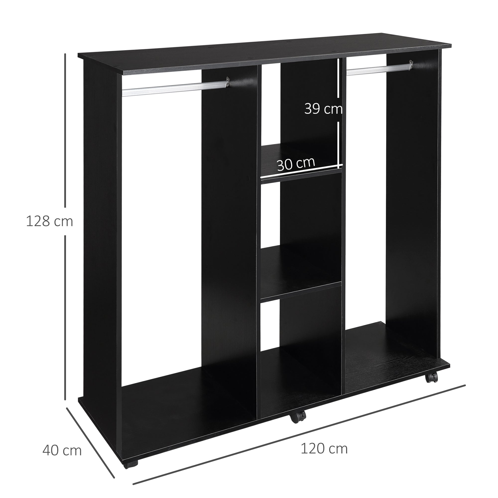 Easycomfort Armadio with 2 Guardaroba, 5 Ripiani e 6 Ruote, in Legno e Alluminio, 120x40x128 cm, black