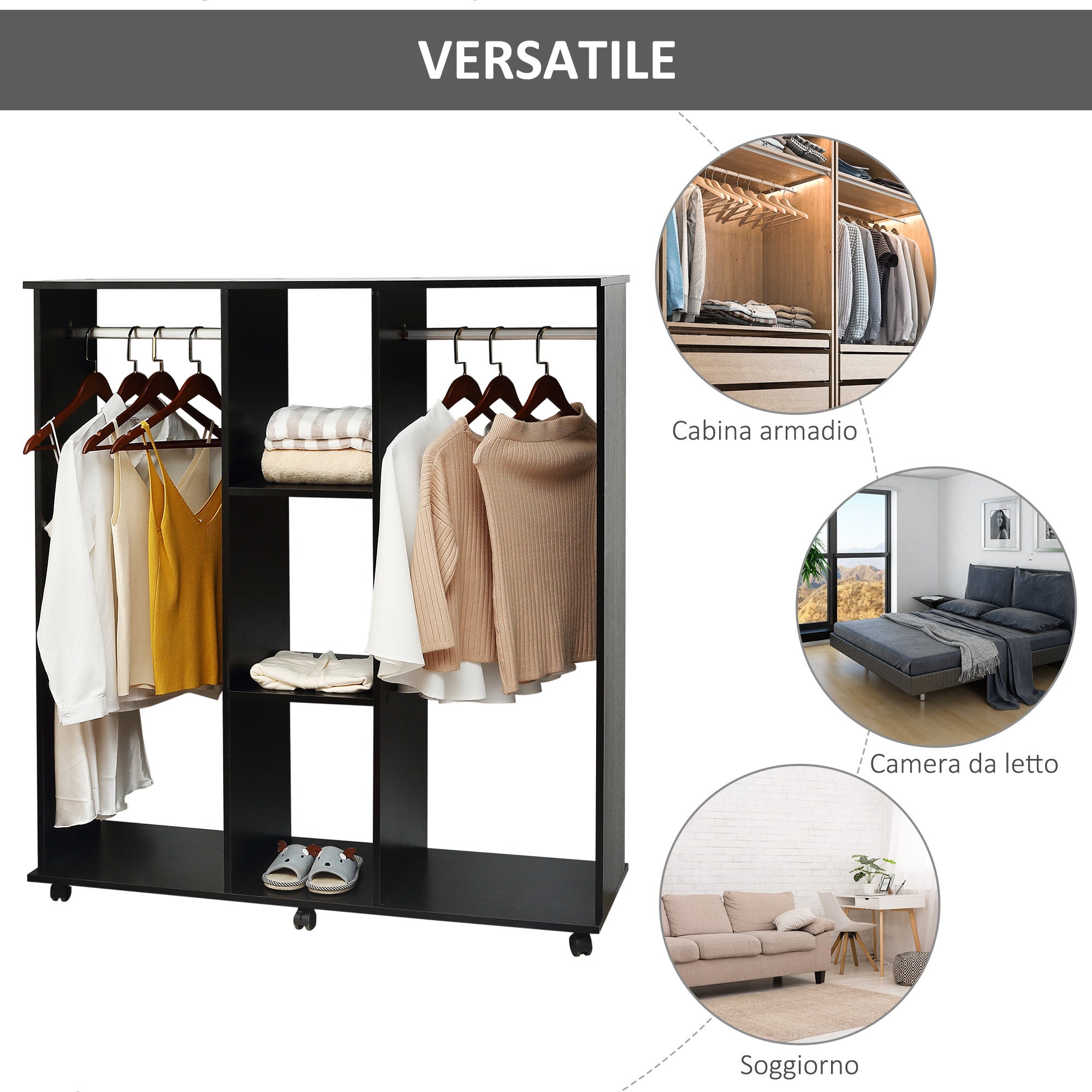 Easycomfort Armadio with 2 Guardaroba, 5 Ripiani e 6 Ruote, in Legno e Alluminio, 120x40x128 cm, black