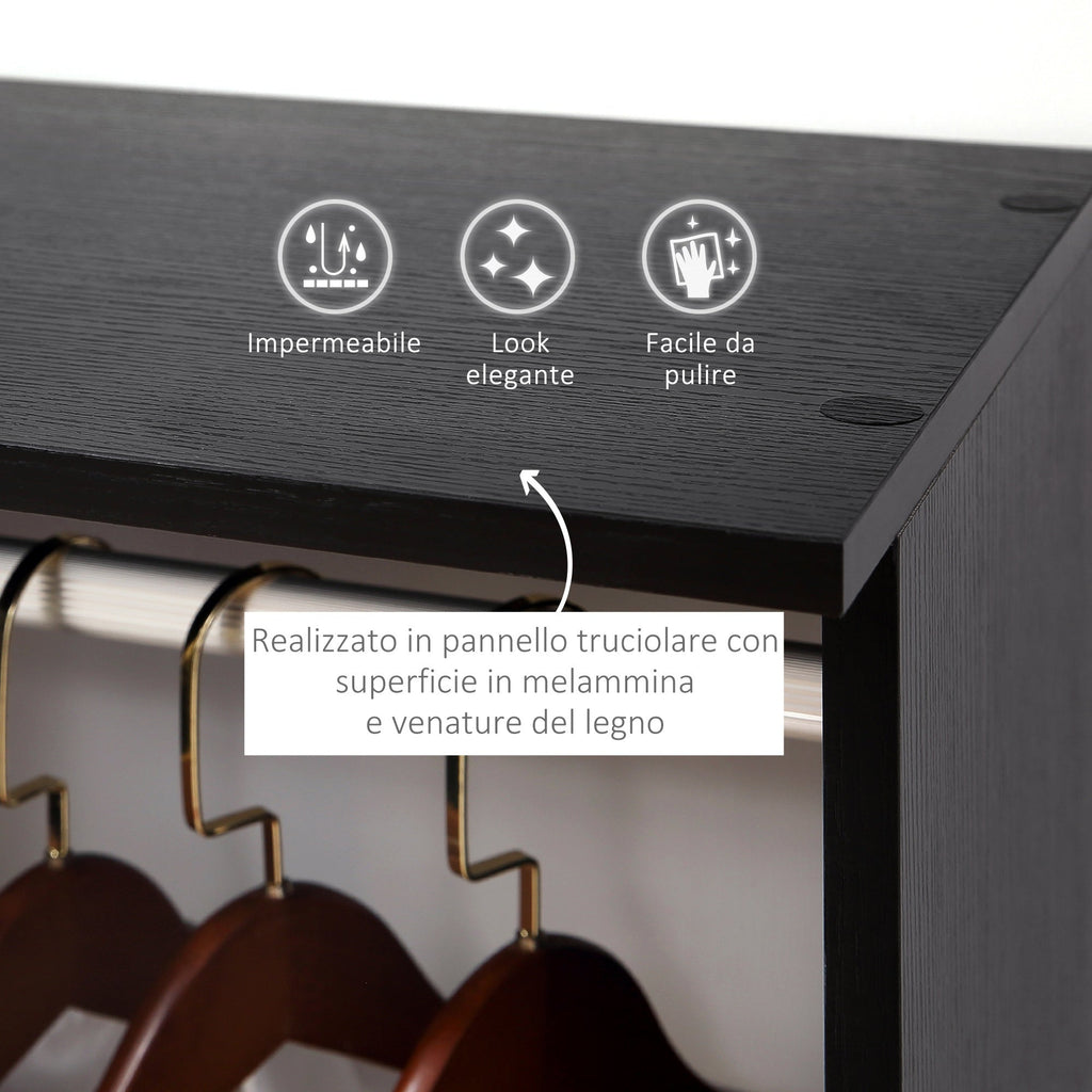 Easycomfort Armadio with 2 Guardaroba, 5 Ripiani e 6 Ruote, in Legno e Alluminio, 120x40x128 cm, black