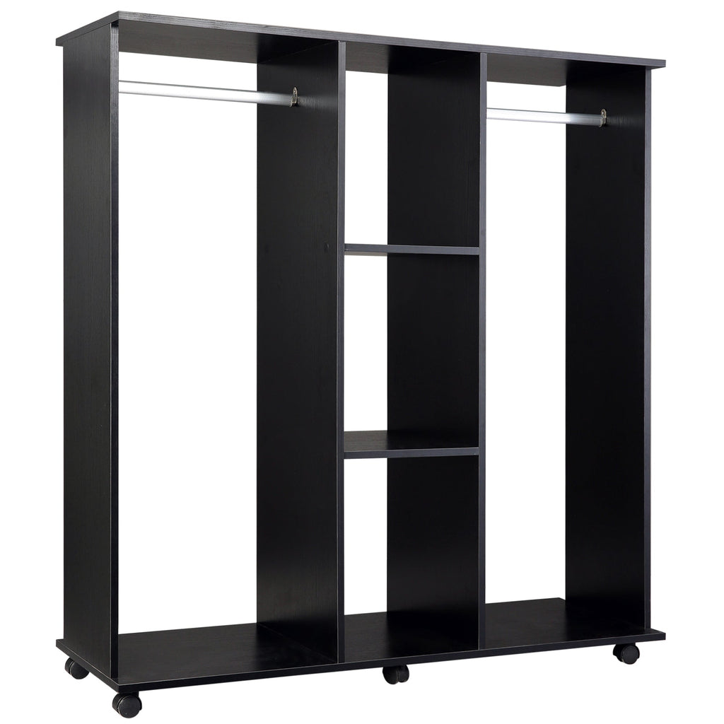 Easycomfort Armadio with 2 Guardaroba, 5 Ripiani e 6 Ruote, in Legno e Alluminio, 120x40x128 cm, black