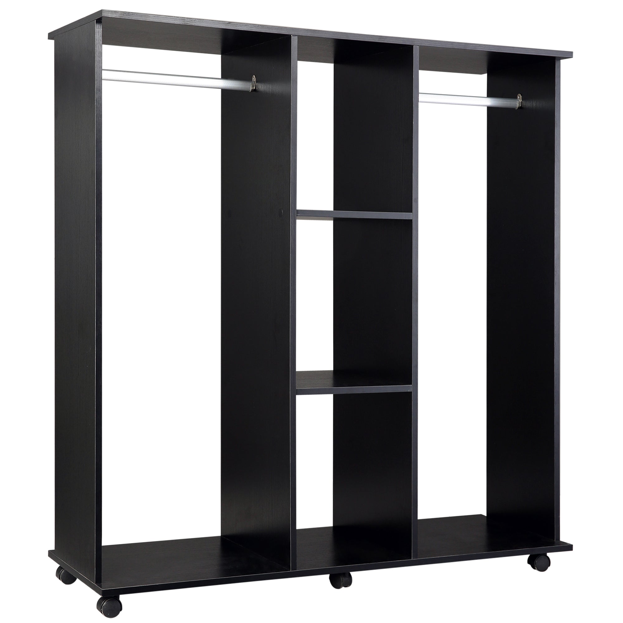 Easycomfort Armadio with 2 Guardaroba, 5 Ripiani e 6 Ruote, in Legno e Alluminio, 120x40x128 cm, black