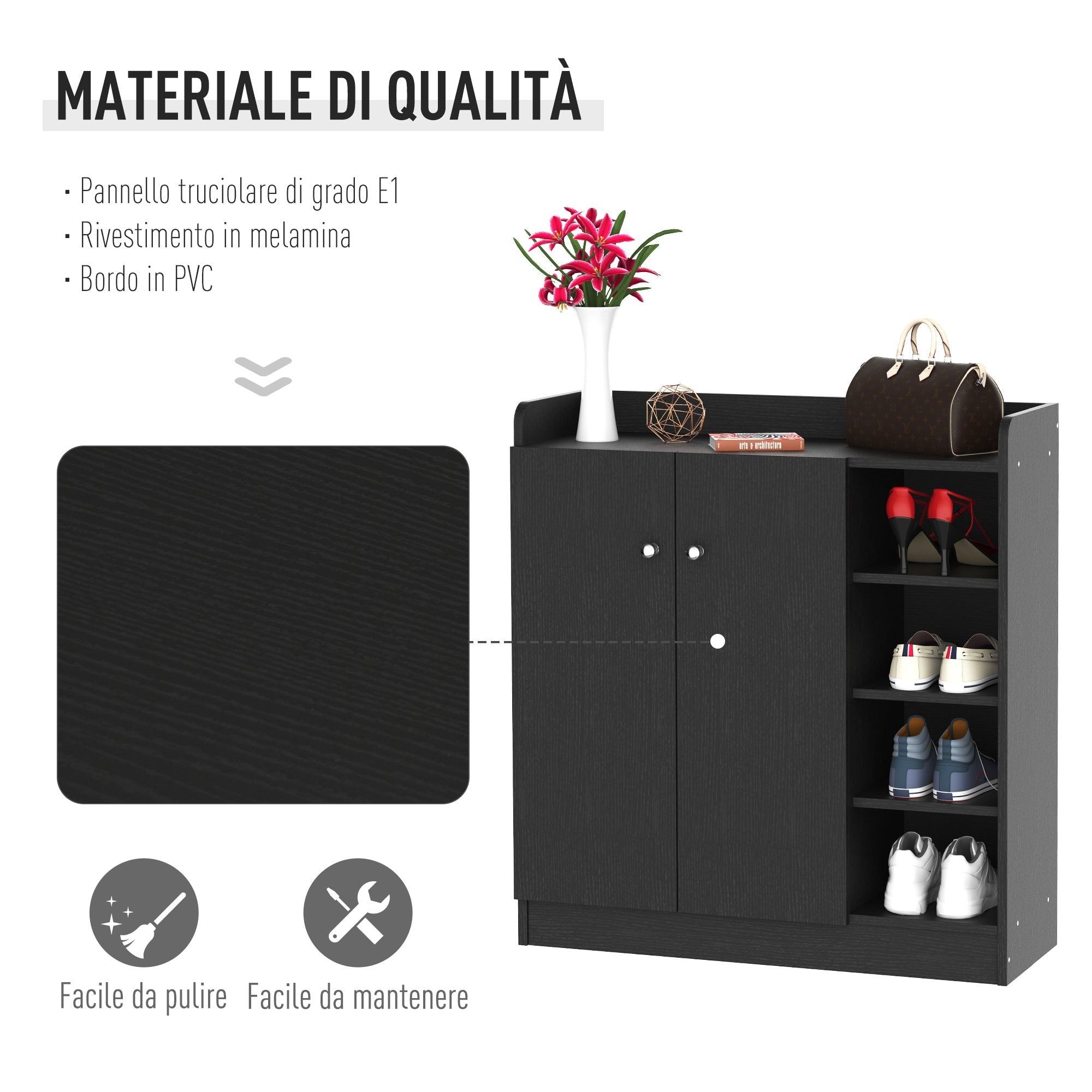 Easycomfort Armadio Scarpiera Salvaspazio Regolabile, Scarpiera Moderna in Legno per 12 Paia di Scarpe with 4 Ripiani Aperti, 83x30x90 cm, black