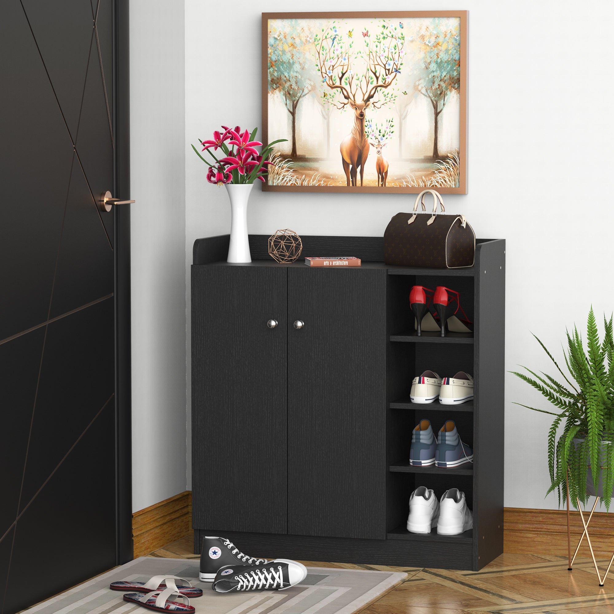 Easycomfort Armadio Scarpiera Salvaspazio Regolabile, Scarpiera Moderna in Legno per 12 Paia di Scarpe with 4 Ripiani Aperti, 83x30x90 cm, black
