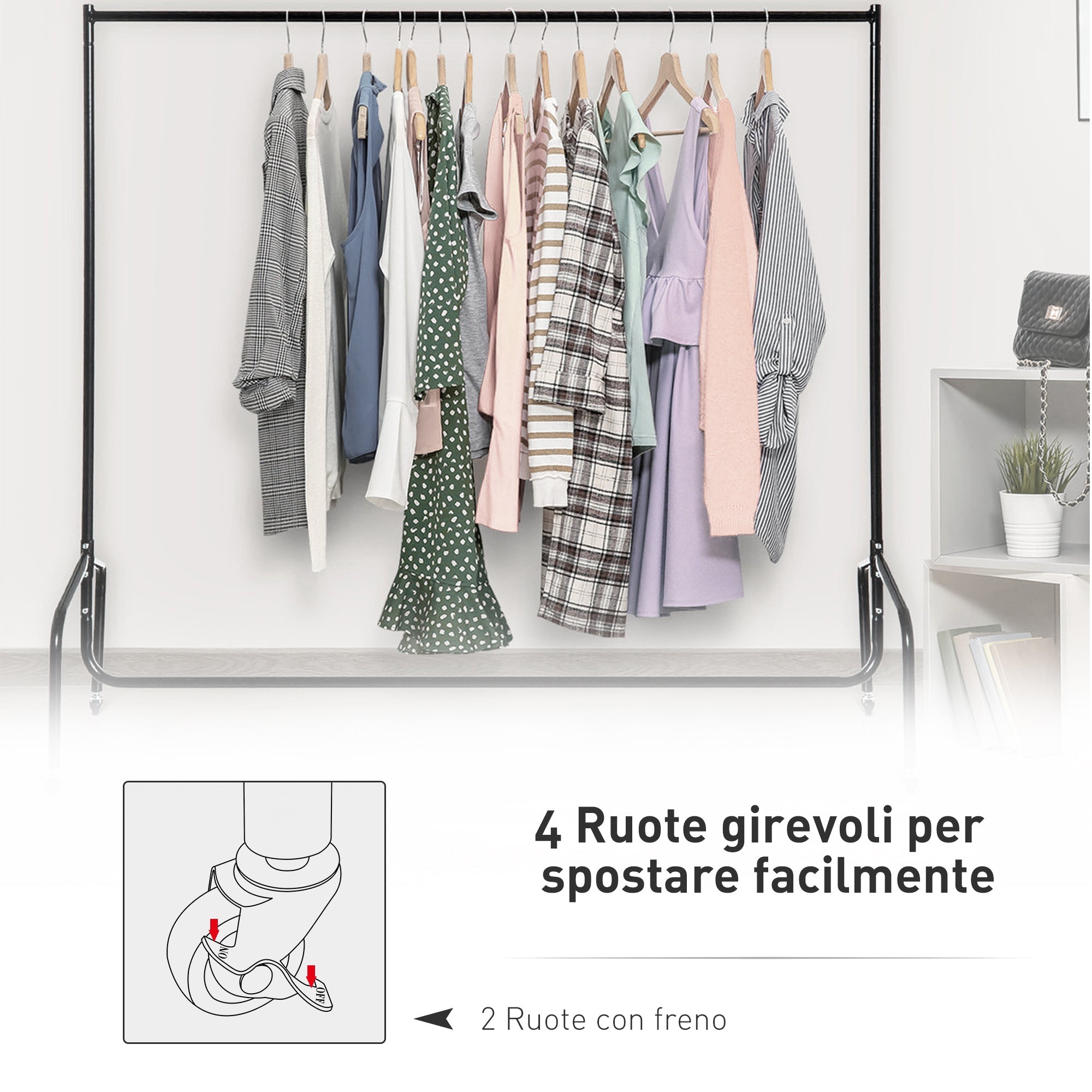 EasyComfort Rella Appendiabiti Attaccapanni in Metallo, Stand per Vestiti with Rotelle, black, 150x60x170cm