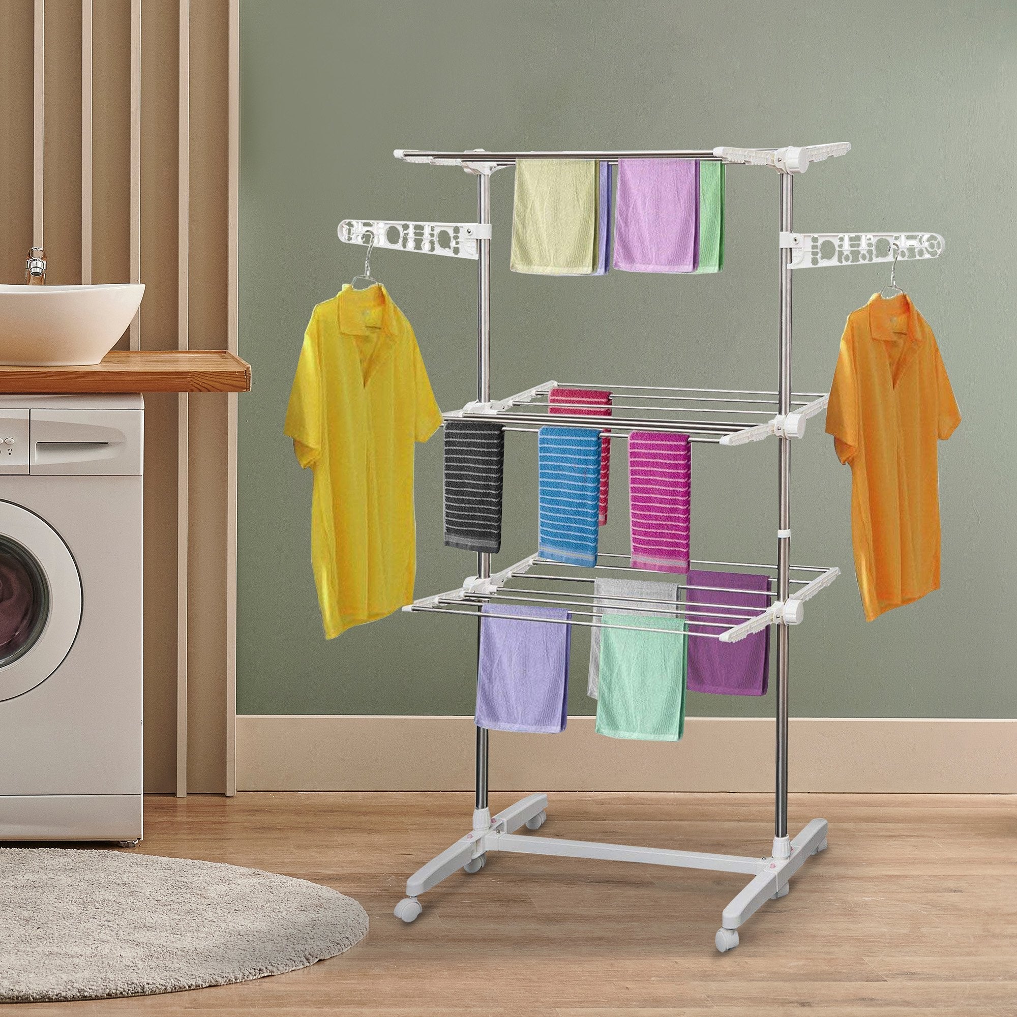 EasyComfort inklapbaar wasrek met 3 niveaus en 6 wielen