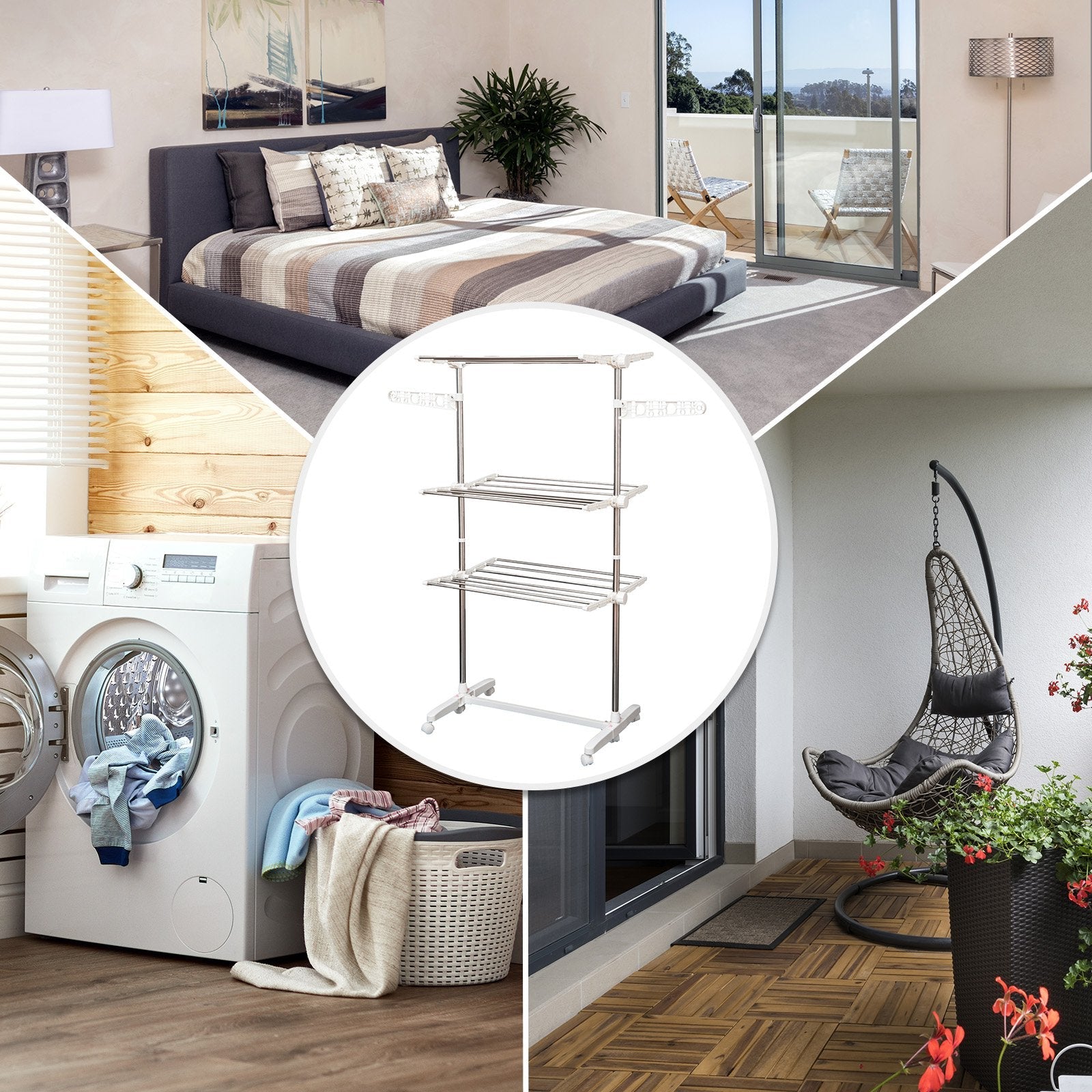EasyComfort inklapbaar wasrek met 3 niveaus en 6 wielen