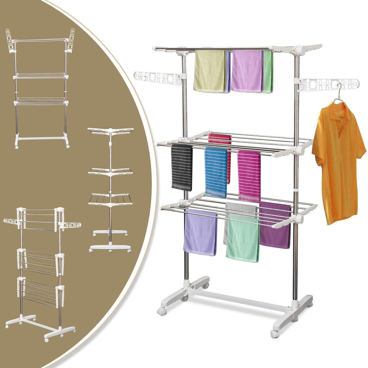 EasyComfort inklapbaar wasrek met 3 niveaus en 6 wielen