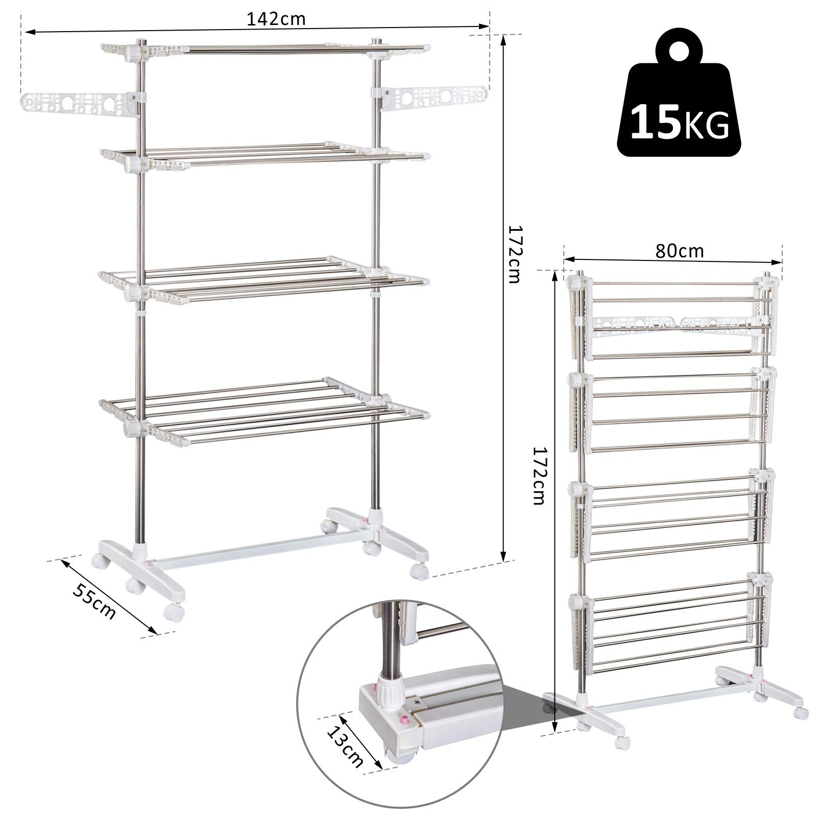 EasyComfort inklapbaar droogrek met 6 wielen 142x55x172 cm