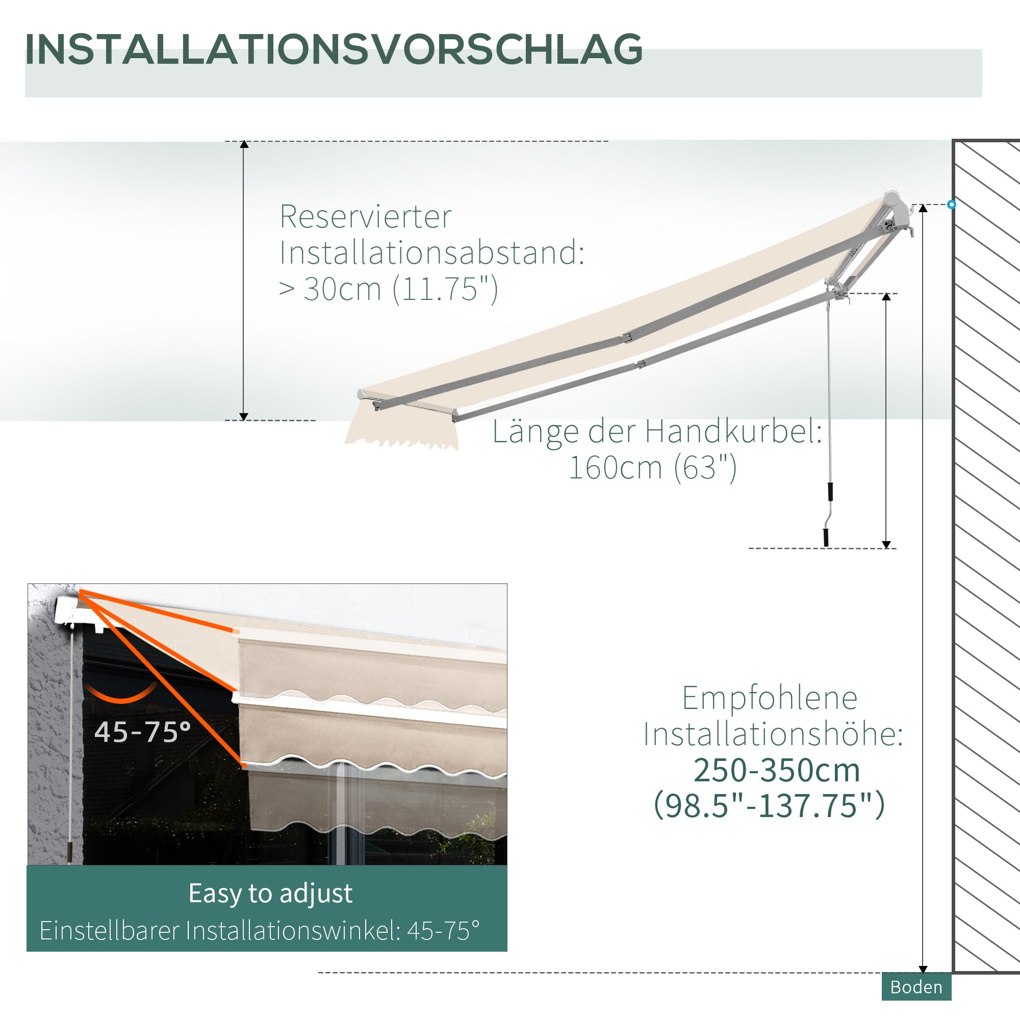 EASYCOMFORT Outdoor Awning with Arms with Crank, Metal and Polyester, 3x2.5m Beige