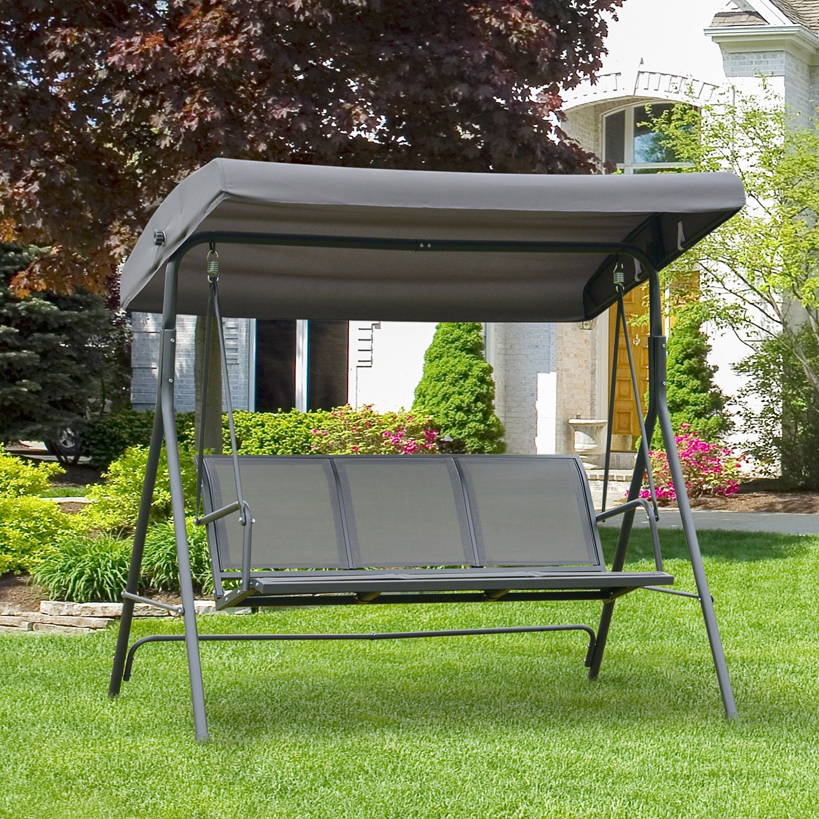 EASYCOMFORT 3-Seater Garden Swing with Canopy, Outdoor Swing in Steel and Polyester Fabric, 175 x 118 x 159cm Gray