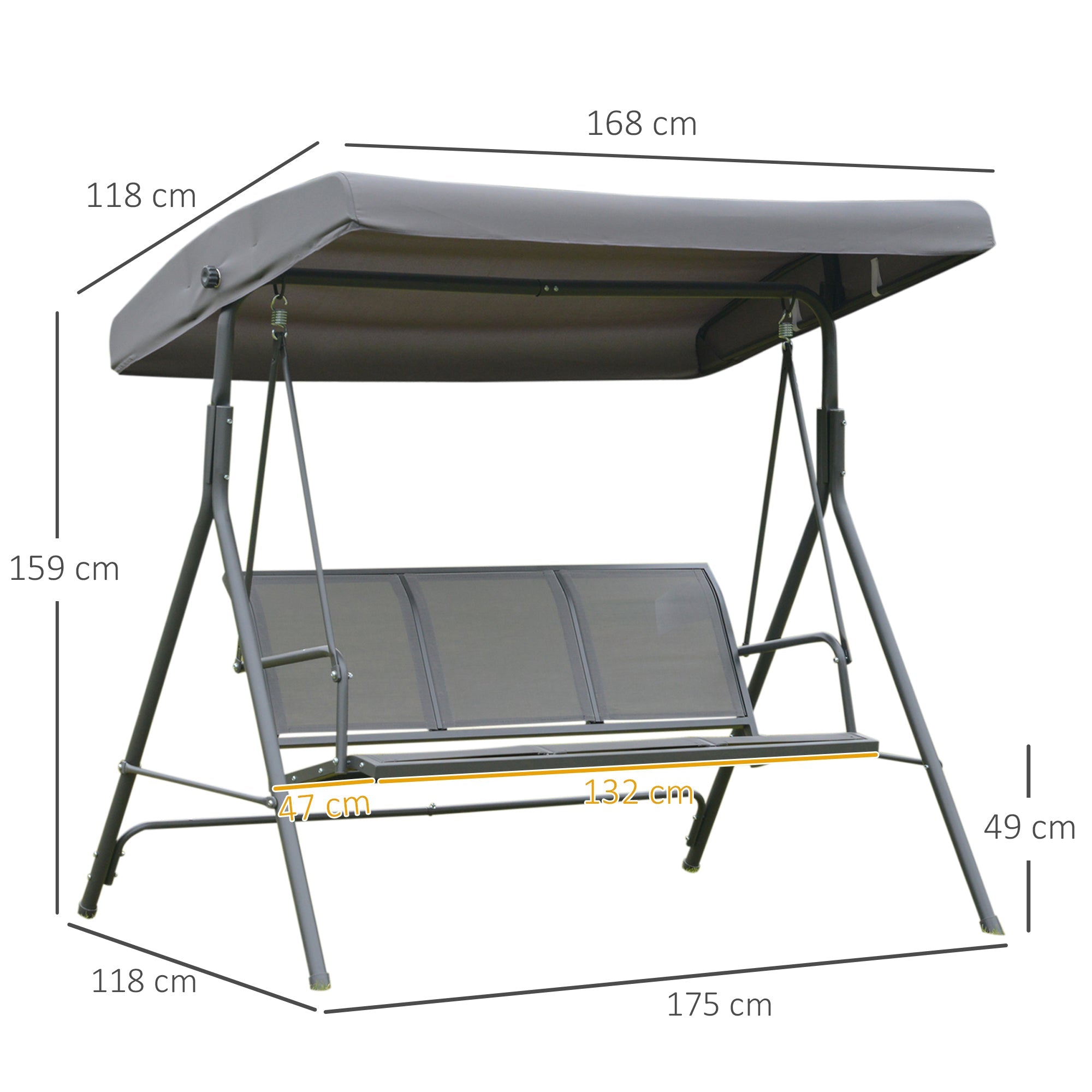 EASYCOMFORT 3-Seater Garden Swing with Canopy, Outdoor Swing in Steel and Polyester Fabric, 175 x 118 x 159cm Gray
