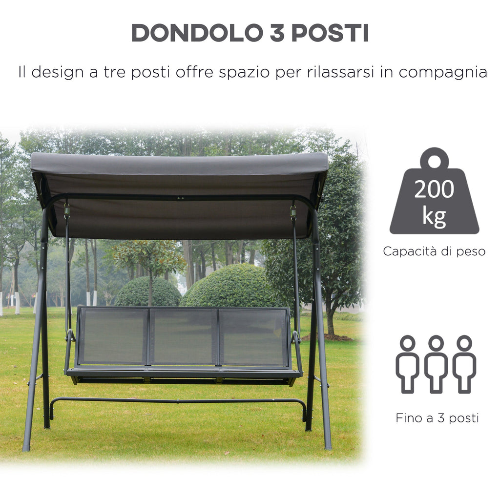 EASYCOMFORT 3-Seater Garden Swing with Canopy, Outdoor Swing in Steel and Polyester Fabric, 175 x 118 x 159cm Gray