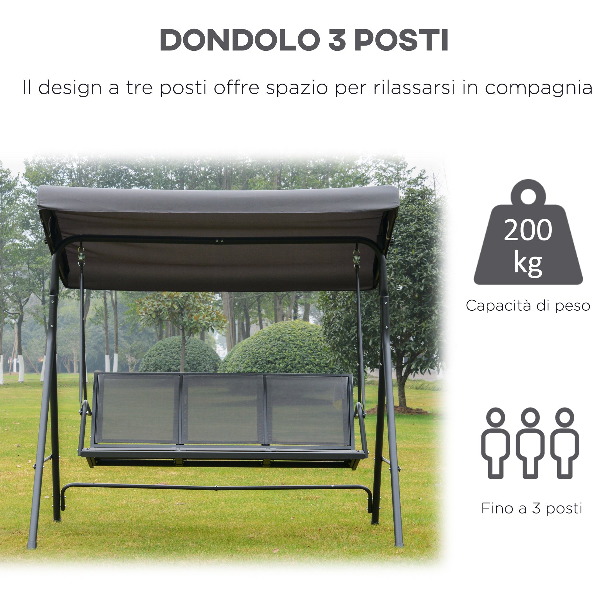 EASYCOMFORT 3-Seater Garden Swing with Canopy, Outdoor Swing in Steel and Polyester Fabric, 175 x 118 x 159cm Gray