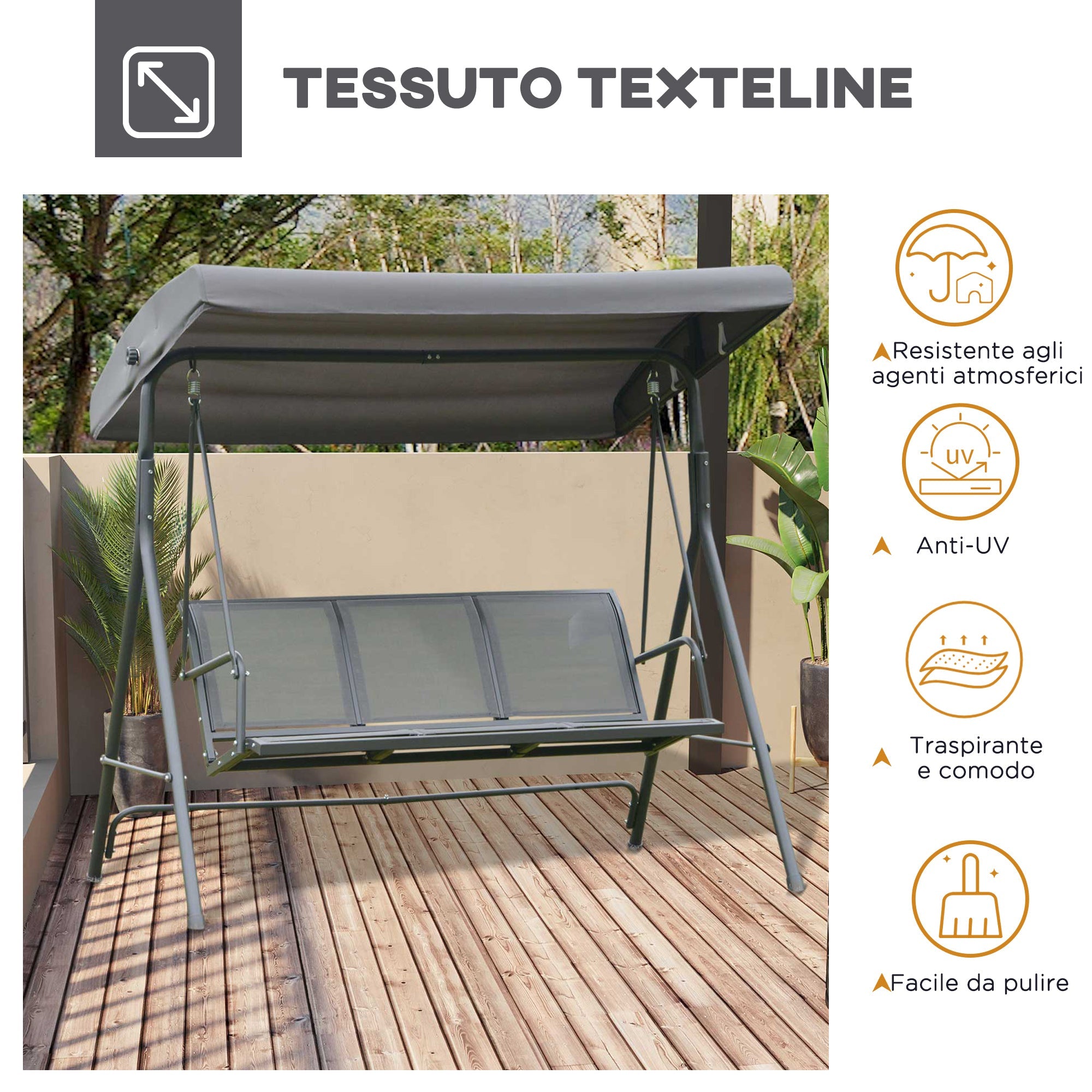EASYCOMFORT 3-Seater Garden Swing with Canopy, Outdoor Swing in Steel and Polyester Fabric, 175 x 118 x 159cm Gray