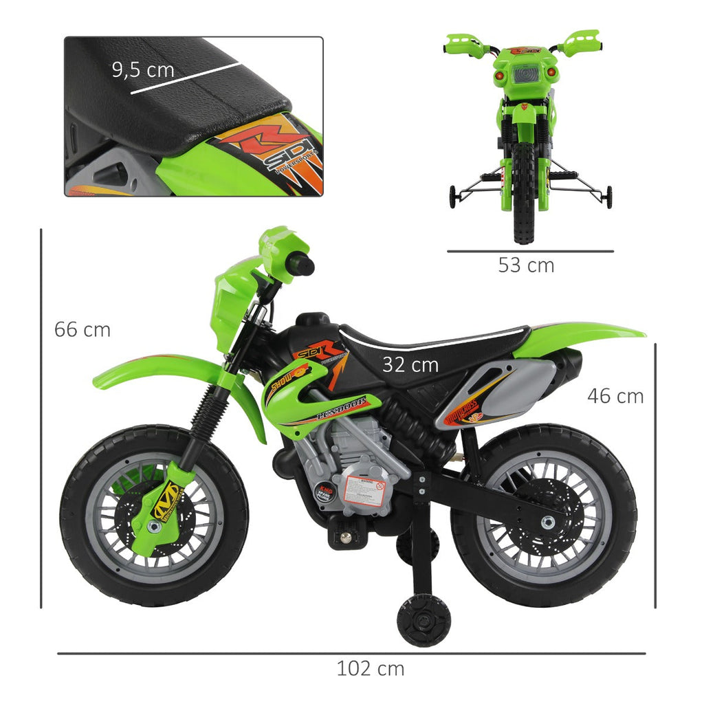 Easycomfort Moto Cross Elettrica with Rotelle Verde per Bambini 3 anni e più, Batteria 6V Velocità 2.5km/h, 102 x 53 x 66cm