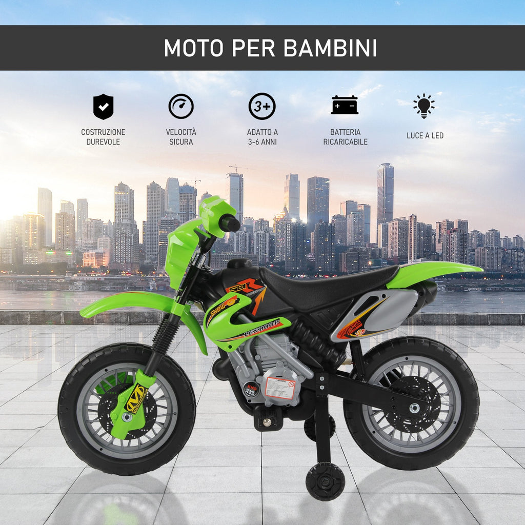 Easycomfort Moto Cross Elettrica with Rotelle Verde per Bambini 3 anni e più, Batteria 6V Velocità 2.5km/h, 102 x 53 x 66cm