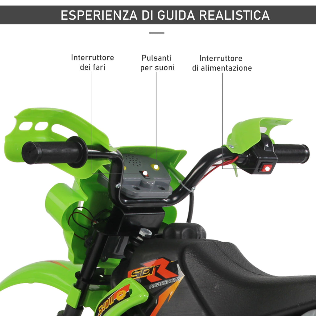Easycomfort Moto Cross Elettrica with Rotelle Verde per Bambini 3 anni e più, Batteria 6V Velocità 2.5km/h, 102 x 53 x 66cm