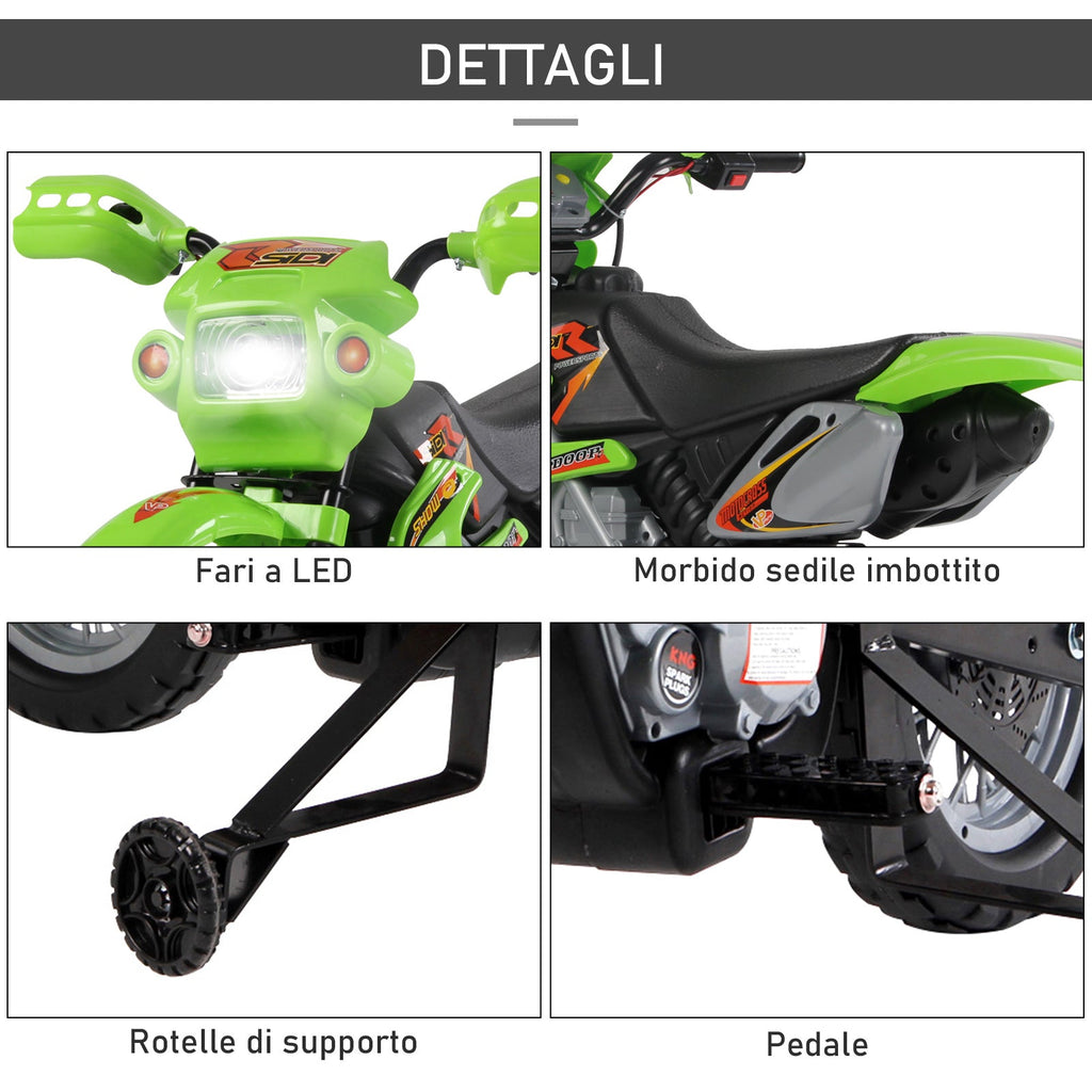 Easycomfort Moto Cross Elettrica with Rotelle Verde per Bambini 3 anni e più, Batteria 6V Velocità 2.5km/h, 102 x 53 x 66cm