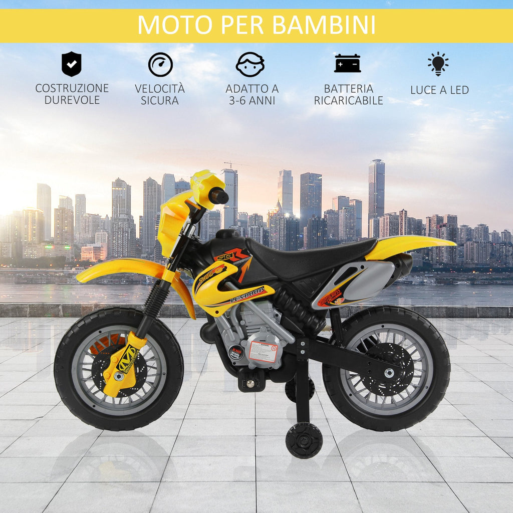 Easycomfort Moto Cross Elettrica with Rotelle Giallo per Bambini 3 anni e più, Batteria 6V Velocità 2.5km/h, 102 x 53 x 66cm