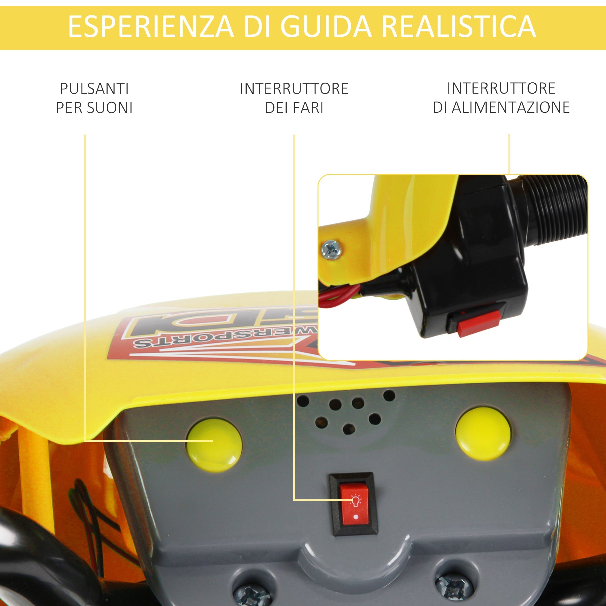 Easycomfort Moto Cross Elettrica with Rotelle Giallo per Bambini 3 anni e più, Batteria 6V Velocità 2.5km/h, 102 x 53 x 66cm