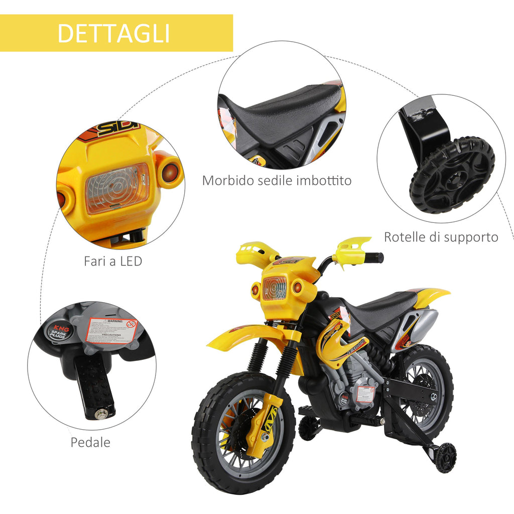Easycomfort Moto Cross Elettrica with Rotelle Giallo per Bambini 3 anni e più, Batteria 6V Velocità 2.5km/h, 102 x 53 x 66cm