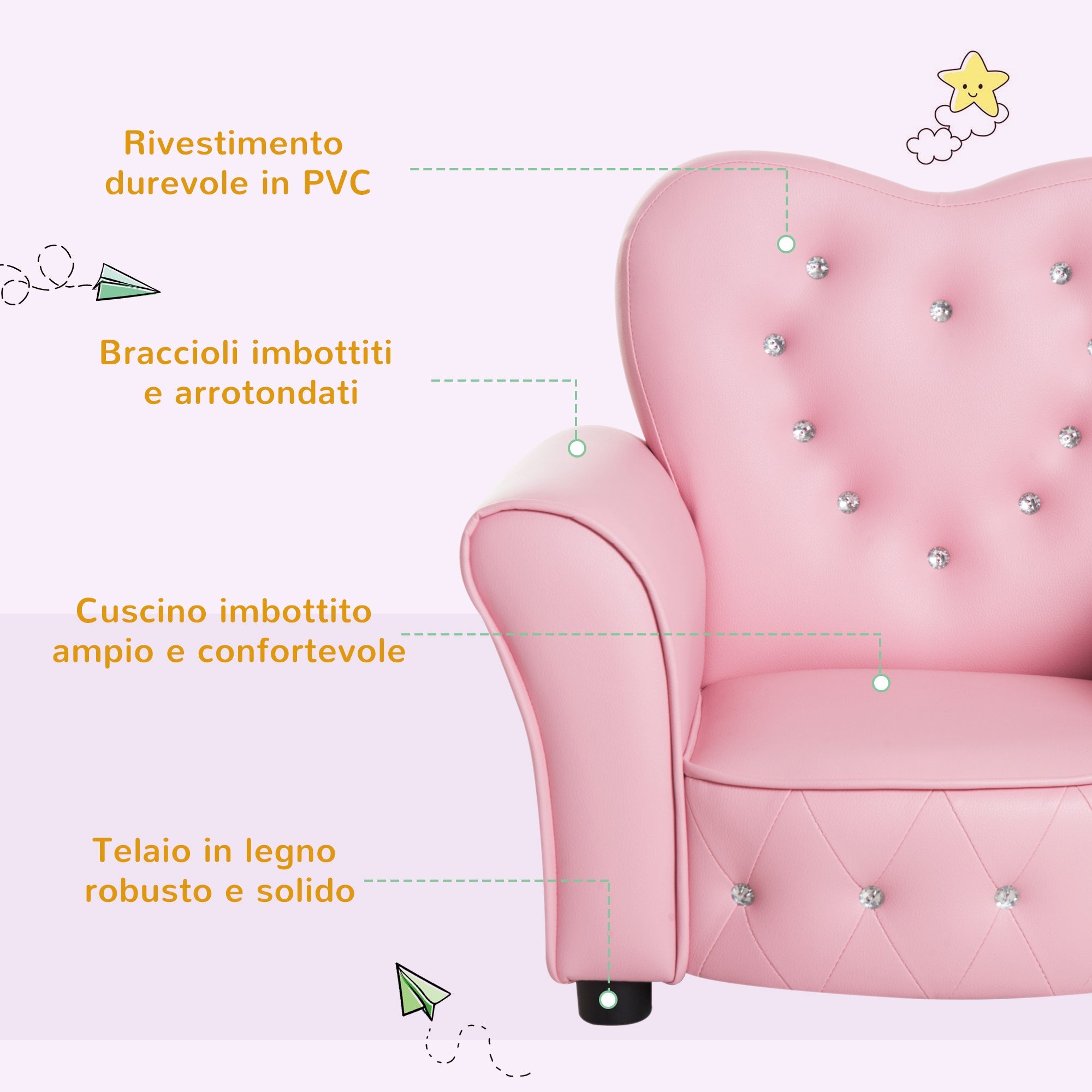Easycomfort Poltroncina per Bambini Imbottita, Poltrona per cameretta with Rivestimento in PVC e Struttura in Legno, 59x41.5x49cm, Rosa