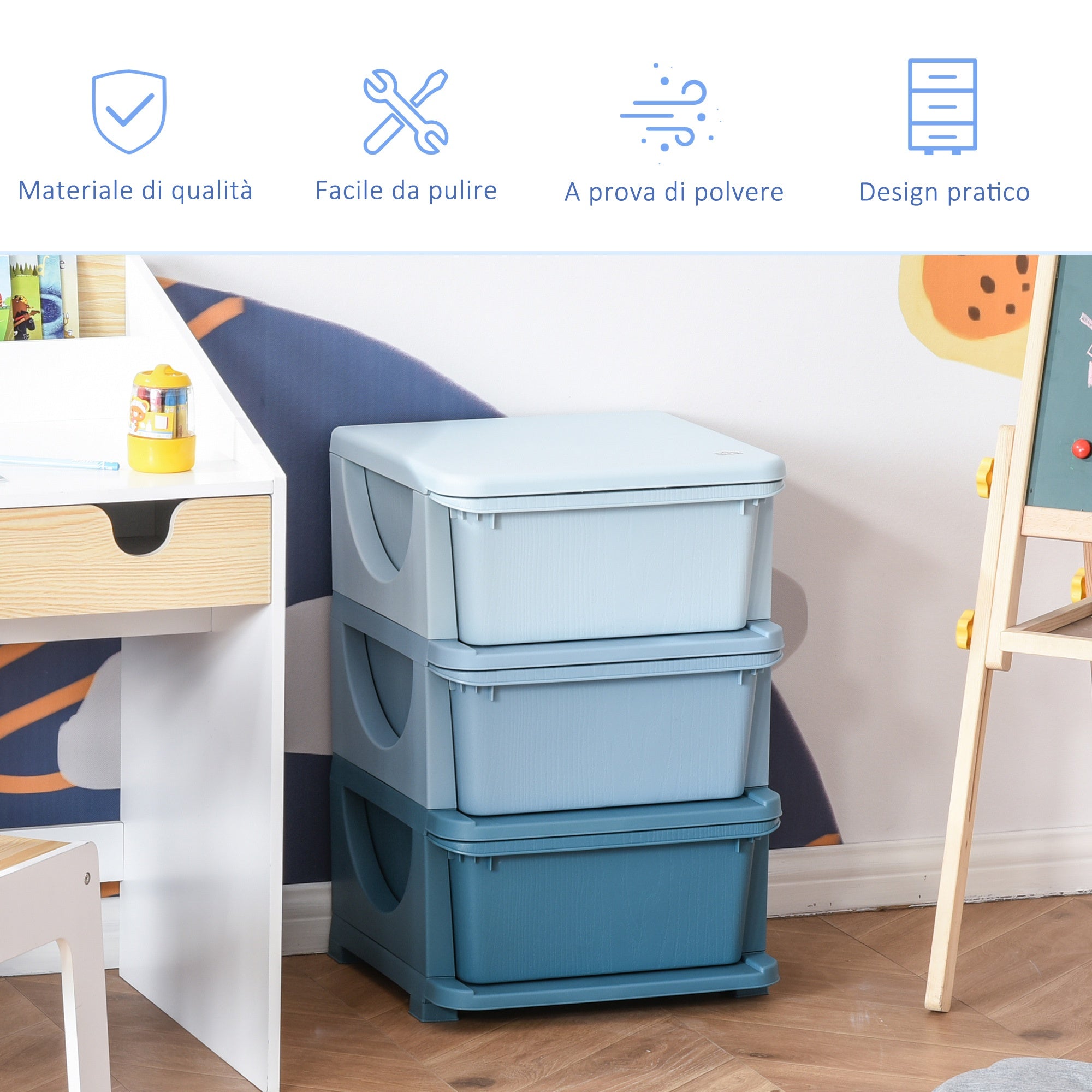 EasyComfort kunststof ladekast met 3 lades 37x37x56,5 cm blauw