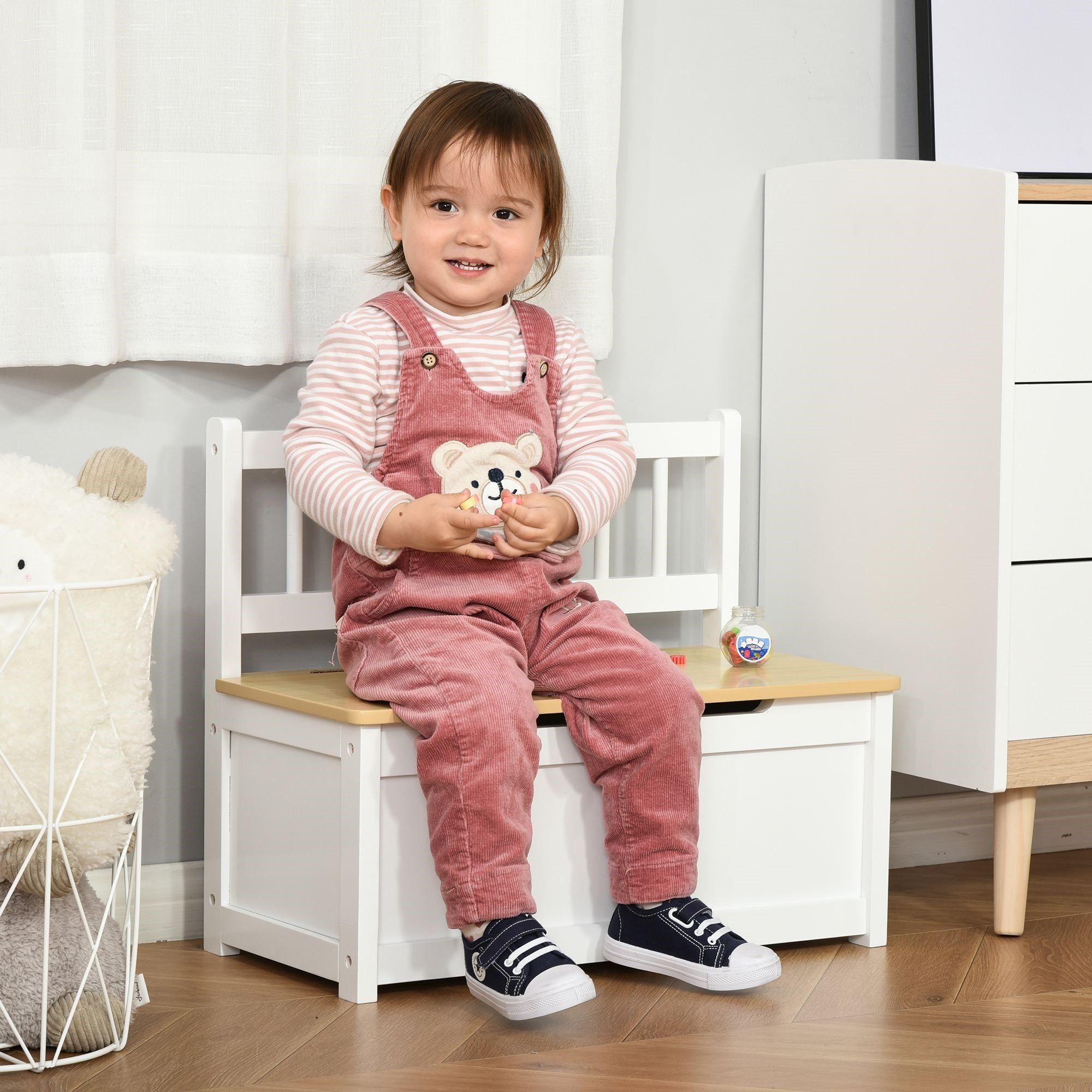 Easycomfort Cassapanca per Bambini 2 in 1 in Legno with Pistone per Chiusura Sicura, 60x30x50cm white e Legno Naturale