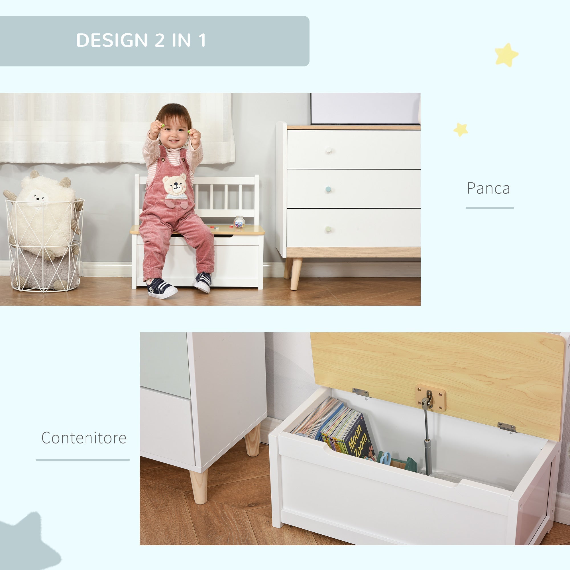 Easycomfort Cassapanca per Bambini 2 in 1 in Legno with Pistone per Chiusura Sicura, 60x30x50cm white e Legno Naturale