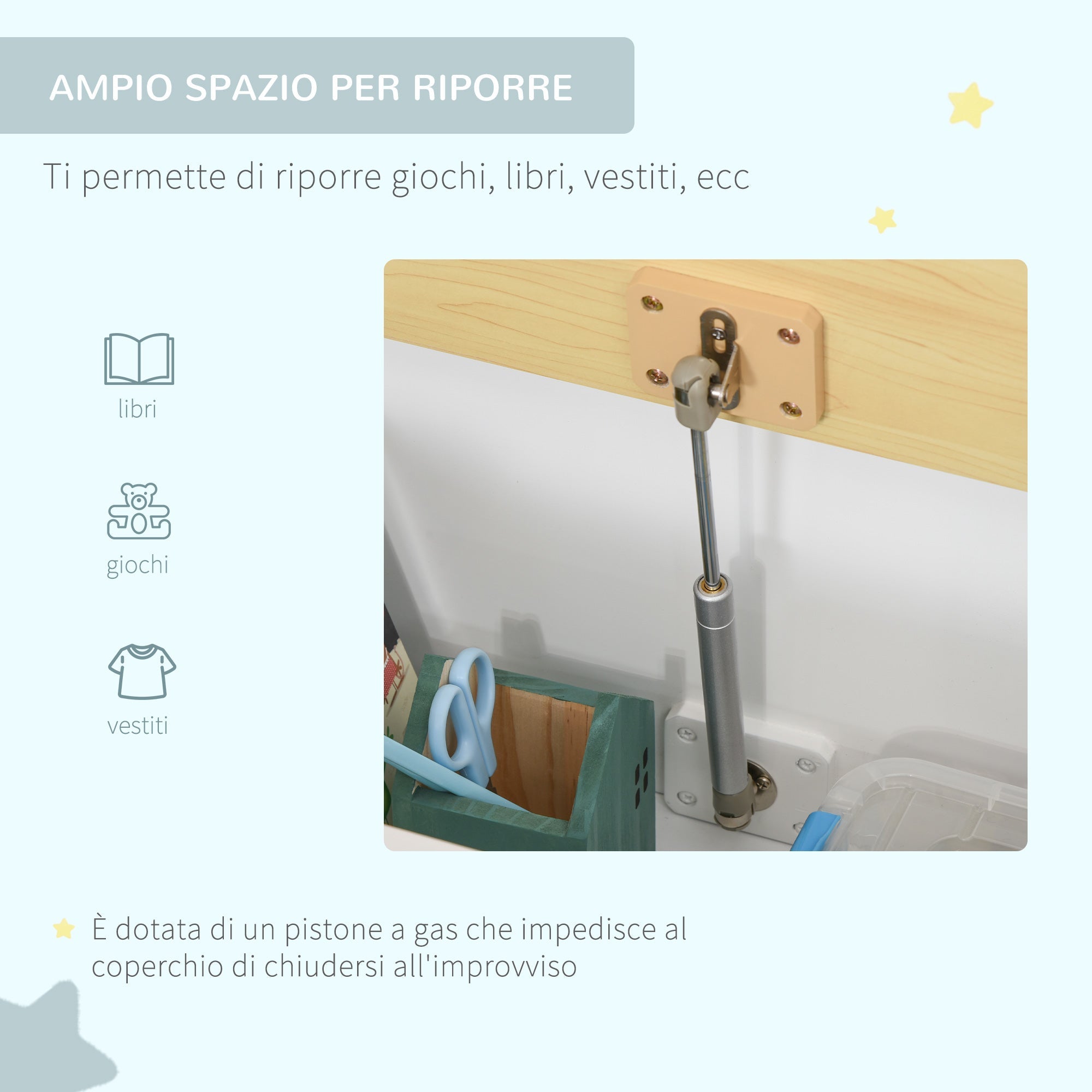 Easycomfort Cassapanca per Bambini 2 in 1 in Legno with Pistone per Chiusura Sicura, 60x30x50cm white e Legno Naturale