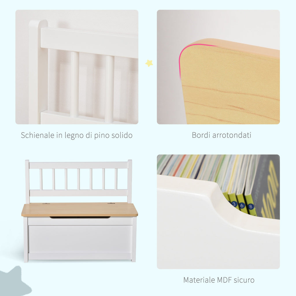 Easycomfort Cassapanca per Bambini 2 in 1 in Legno with Pistone per Chiusura Sicura, 60x30x50cm white e Legno Naturale