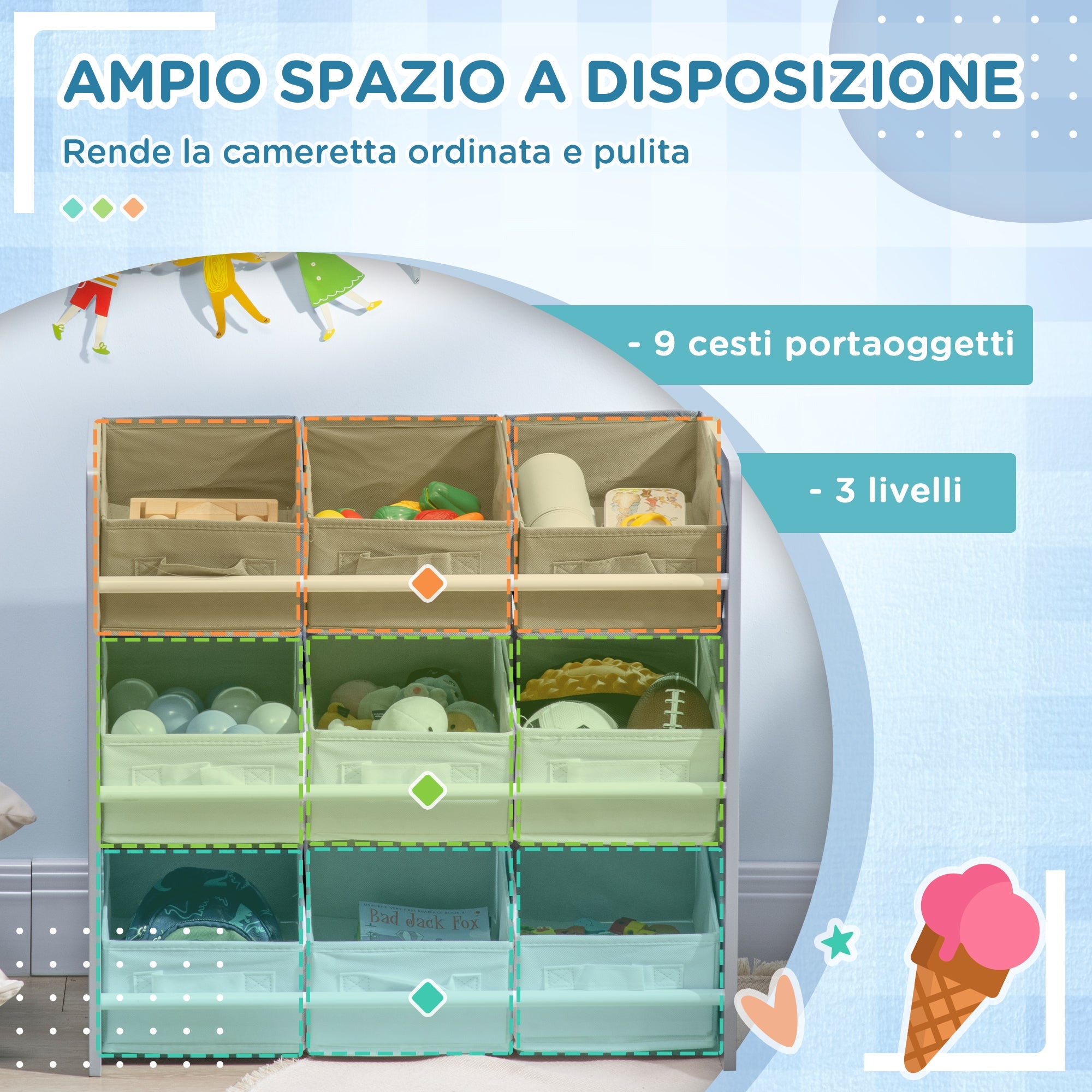 Easycomfort Mobiletto Portagiochi with 9 Cestini Rimovibili in MDF e Tessuto, 63x30x60cm, Grigio e white