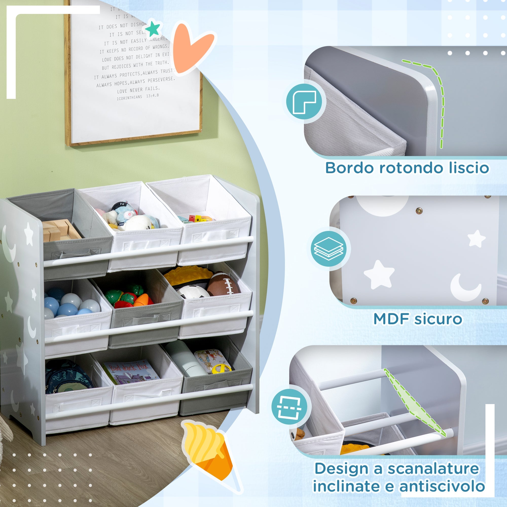 Easycomfort Mobiletto Portagiochi with 9 Cestini Rimovibili in MDF e Tessuto, 63x30x60cm, Grigio e white