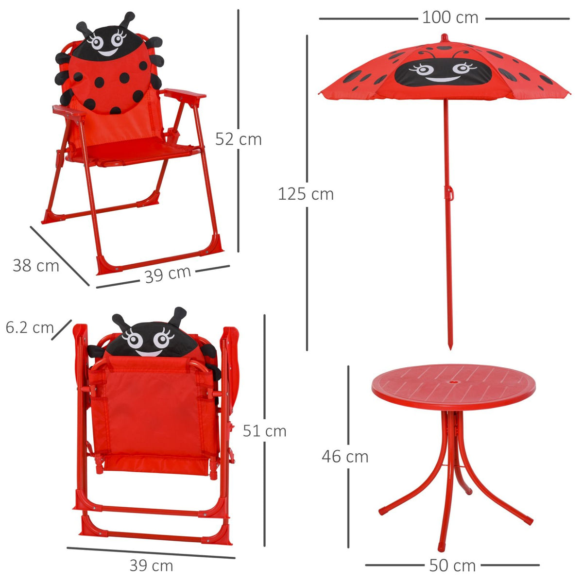 EasyComfort Ladybug Kindertuinset met tafel, 2 klapstoelen en parasol