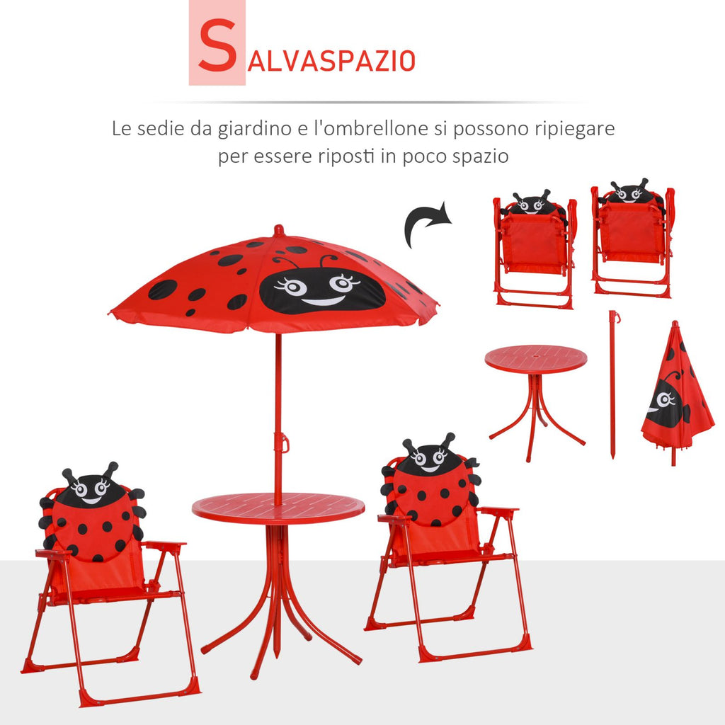 EasyComfort Ladybug Kindertuinset met tafel, 2 klapstoelen en parasol
