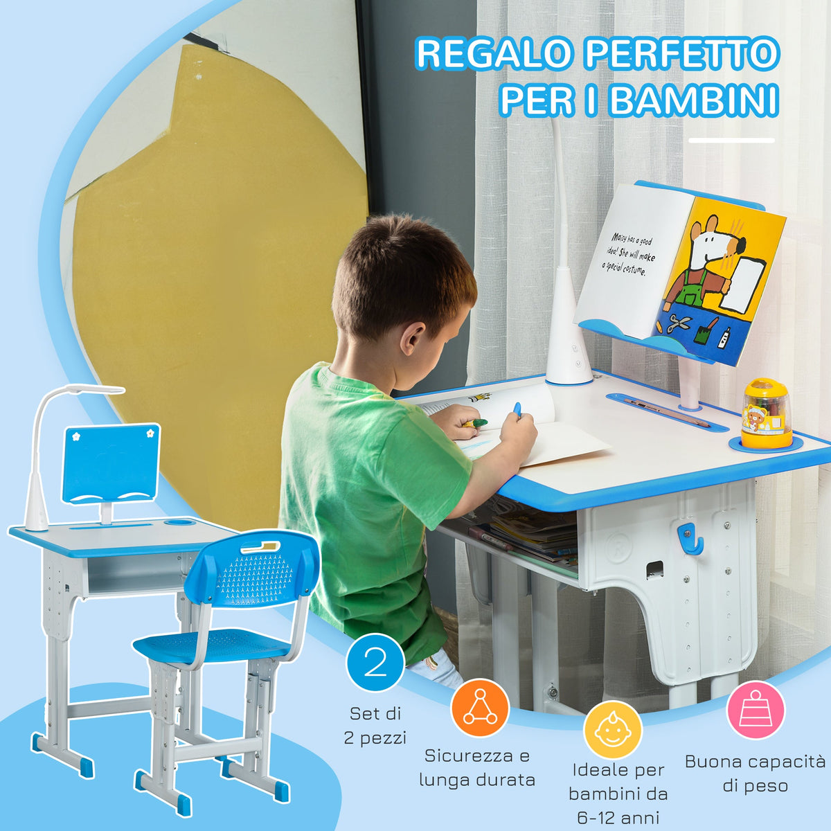 EasyComfort Banco Scuola kinderbureau met verstelbare stoel en lamp 6-12 jaar