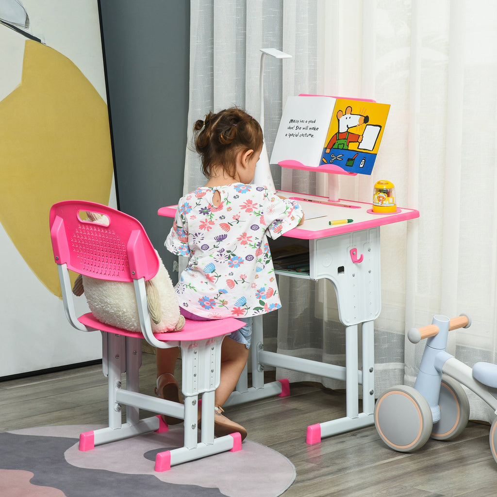 Easycomfort Banco Scuola with Sedia per Bambini 6-12 Anni Altezza Regolabile, Lampada LED, Leggio e Portapenne, Acciaio e MDF, Rosa