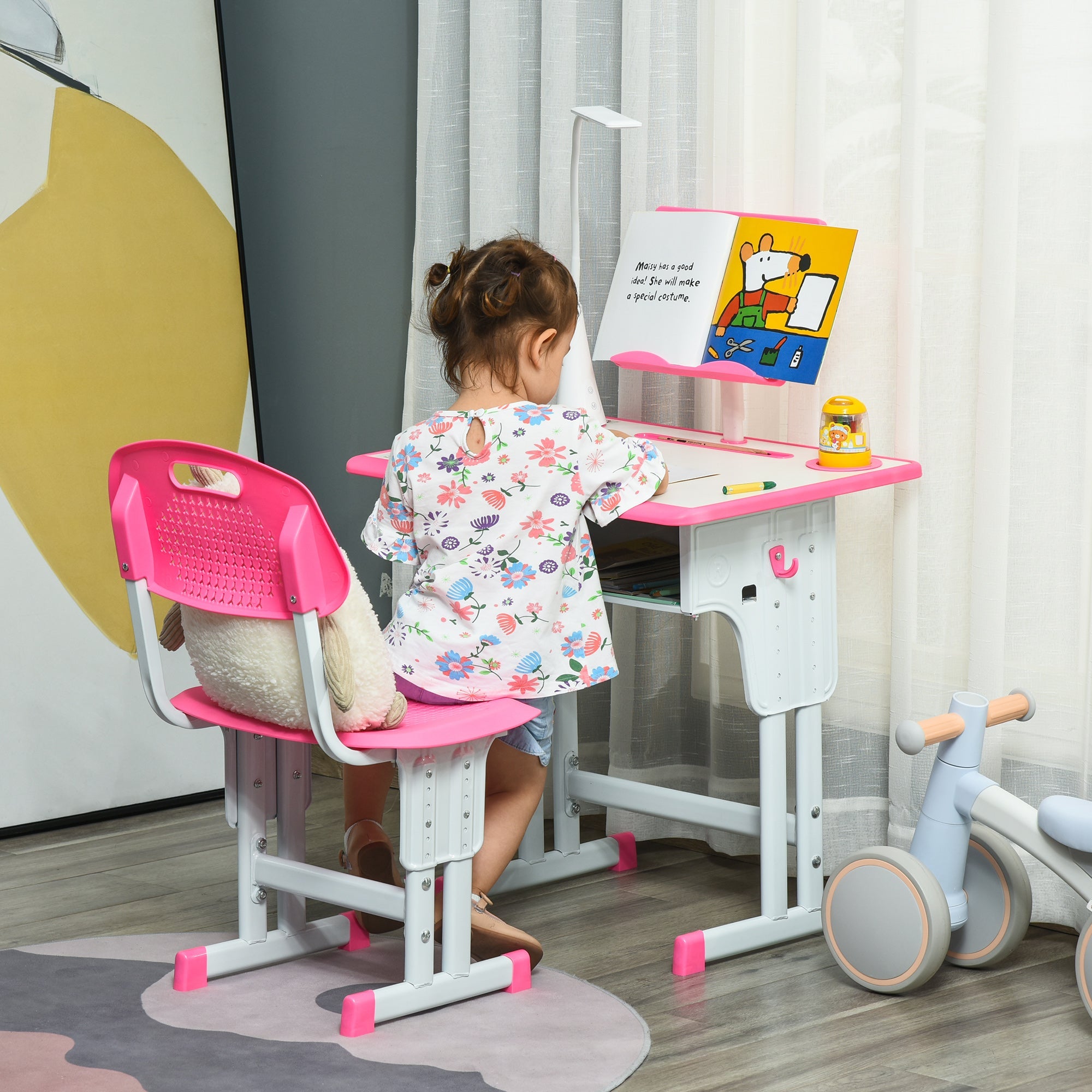 Easycomfort Banco Scuola with Sedia per Bambini 6-12 Anni Altezza Regolabile, Lampada LED, Leggio e Portapenne, Acciaio e MDF, Rosa