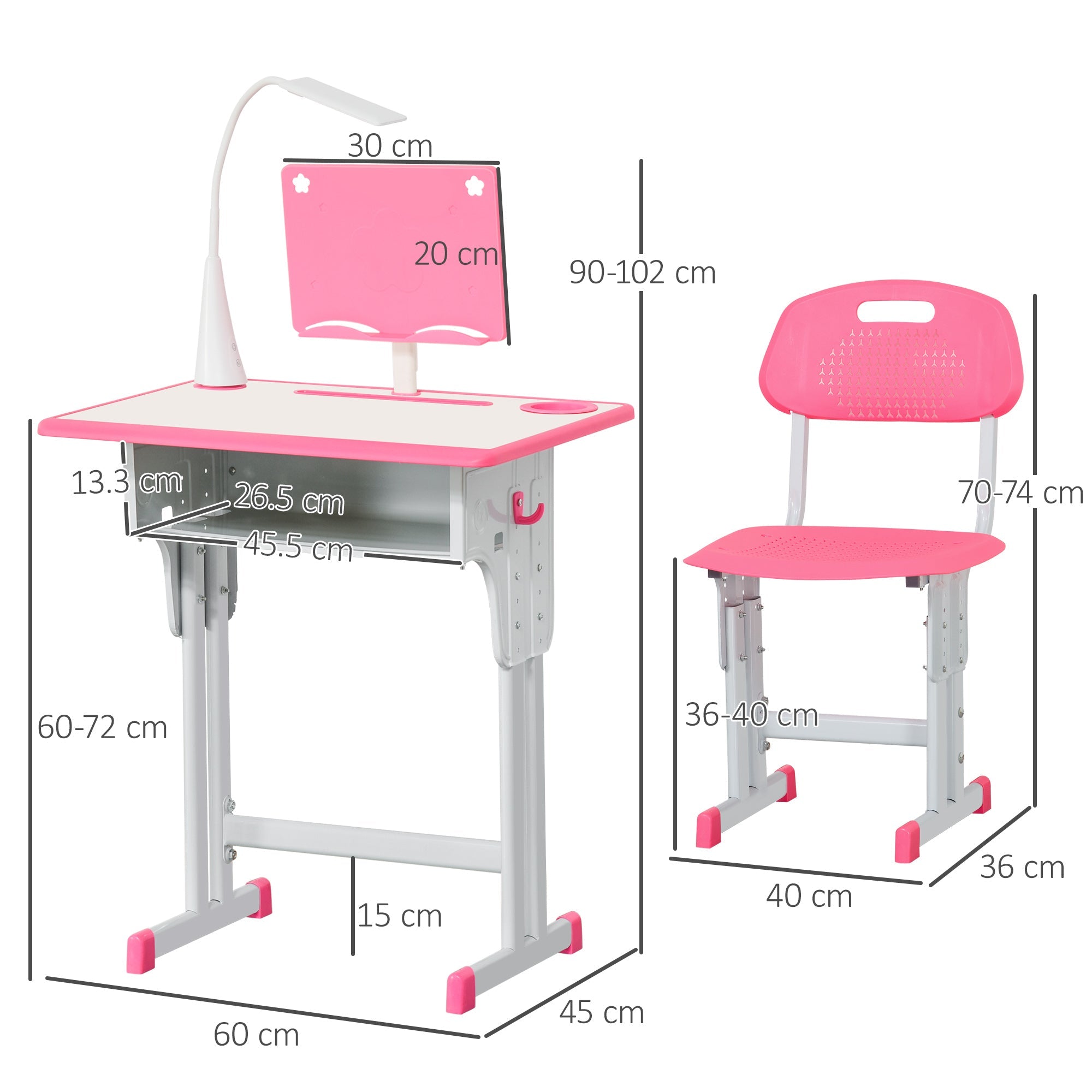 Easycomfort Banco Scuola with Sedia per Bambini 6-12 Anni Altezza Regolabile, Lampada LED, Leggio e Portapenne, Acciaio e MDF, Rosa